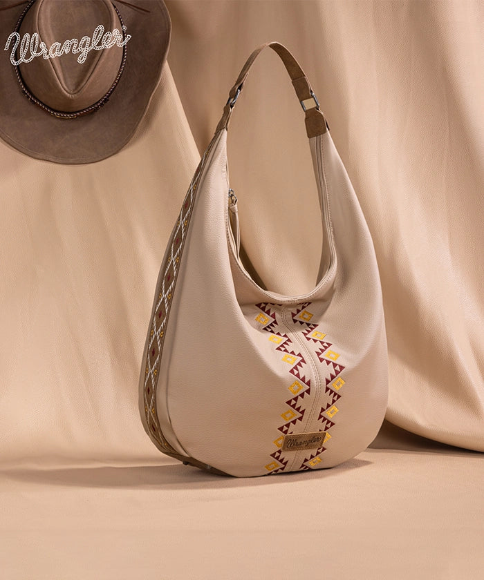 Wrangler Aztec Embroidered Wide Hobo Bag for Women - Stylish Boho Shoulder Purse with Tribal Pattern - Perfect for Casual Outings, Music Festivals & Travel Accessories