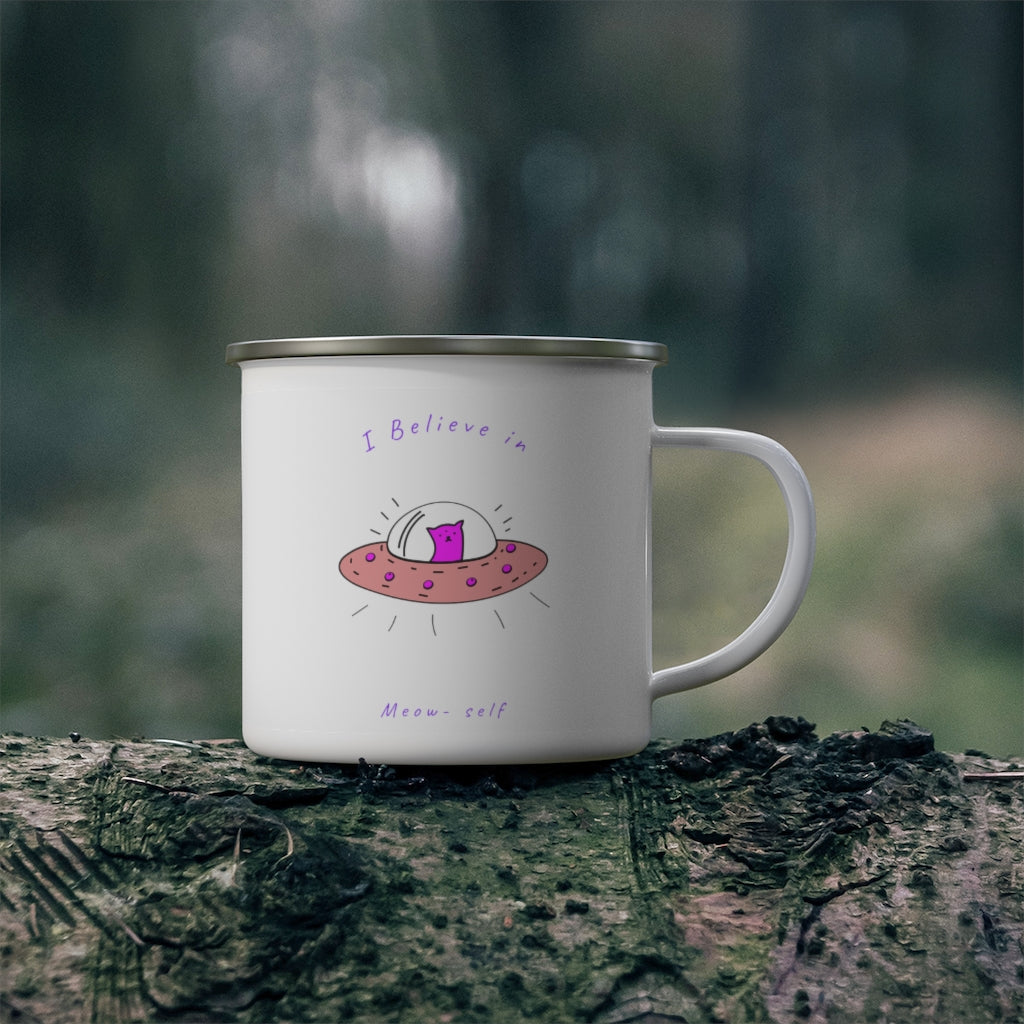 Funny 'I Believe in Meow' Enamel Camping Mug - Space-Themed Travel Coffee & Tea Cup for Outdoor Adventures, Gifts for Cat Lovers