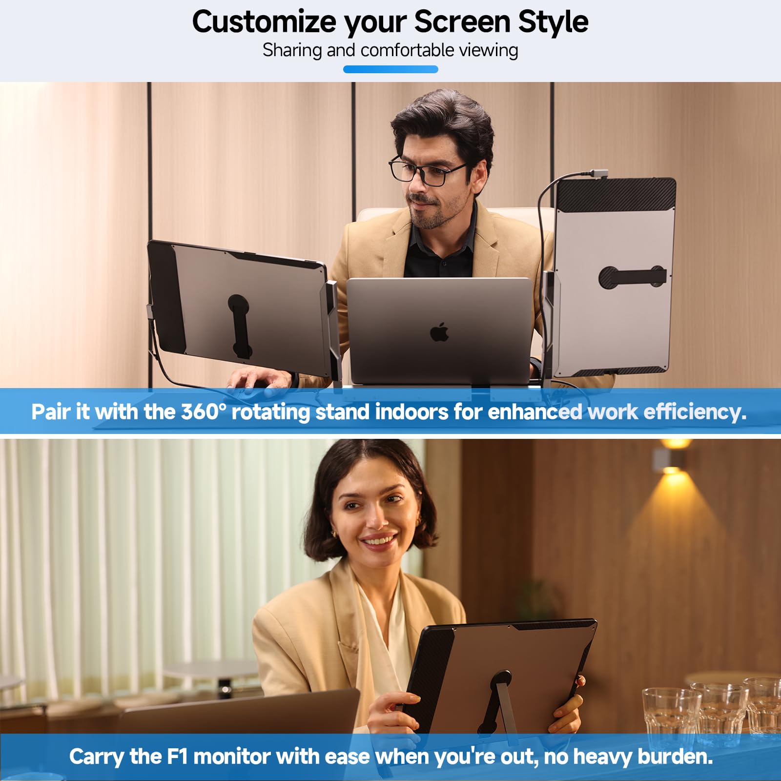 F2 Triple Screen Laptop Monitor Extender with 360° Rotation Stand - Plug & Play for Windows, Mac (M2 Pro/Max), Surface & Nintendo Switch - 14
