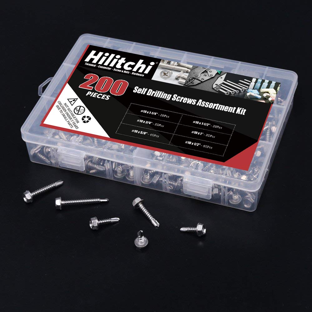 Hilitchi 410 Stainless Steel #10 Hex Washer Head Self-Drilling Sheet Metal Screws - 200-Piece Assortment Kit with Drill Point for DIY Projects, Roofing, and Metal Fabrication