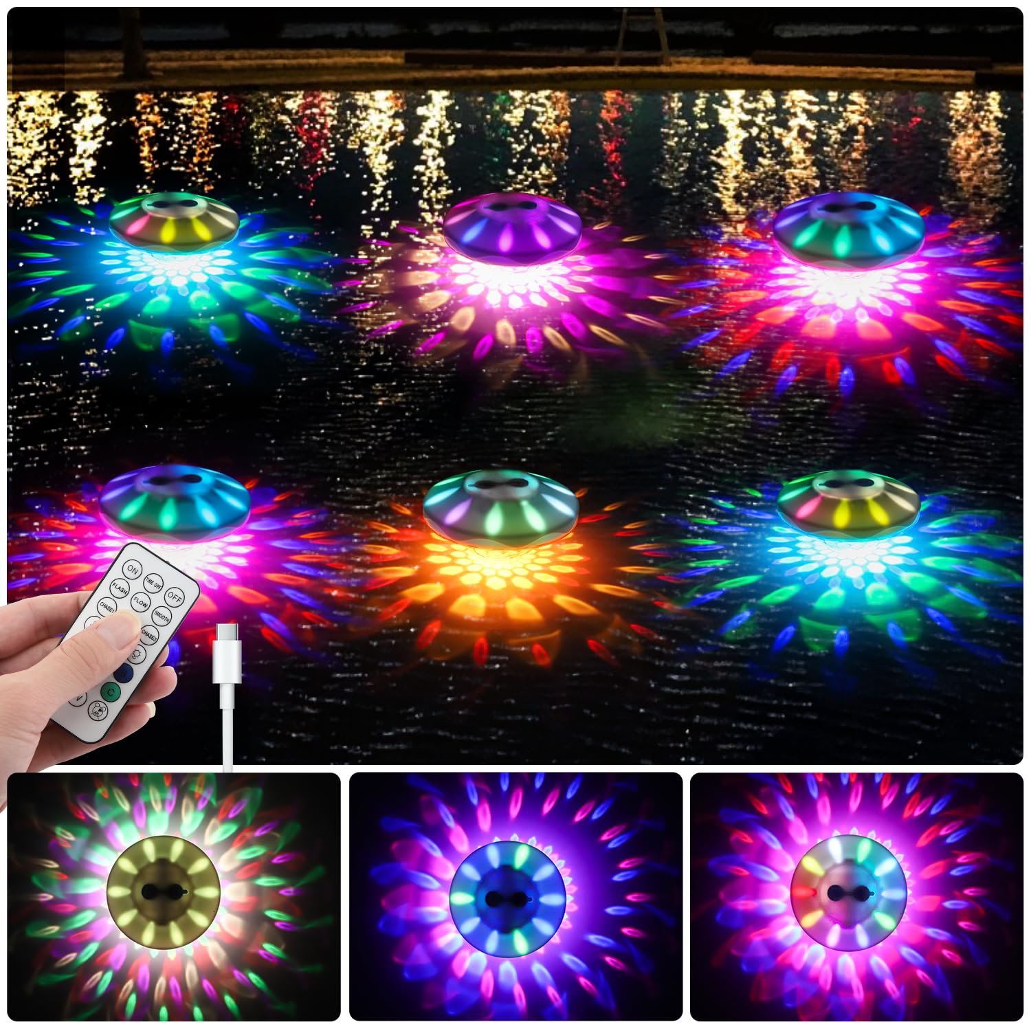 6-Pack Floating Pool Lights with 6 Dynamic RGB Color Changing Effects - IP68 Waterproof, Rechargeable LED Lights for Inground Pools - Perfect for Night Swimming, Pool Parties & Backyard Decor