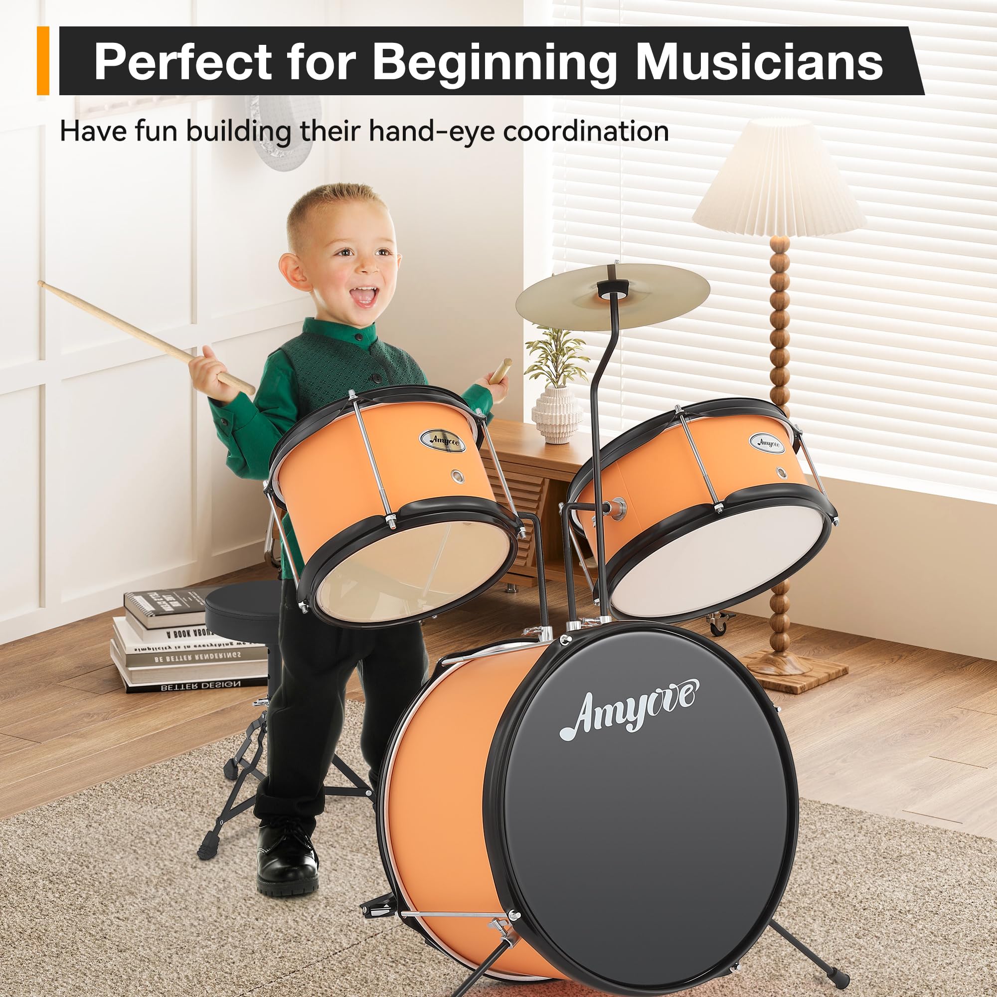 **3-Piece Kids Drum Set for Beginners - Complete Drum Kit with Cymbal, Tom, Bass Drum, Drumsticks & Pedal - Includes Adjustable Drum Stool - Perfect for Boys & Girls (Yellow) - Ideal for Home Play, Birthday Gifts & Early Music Education**