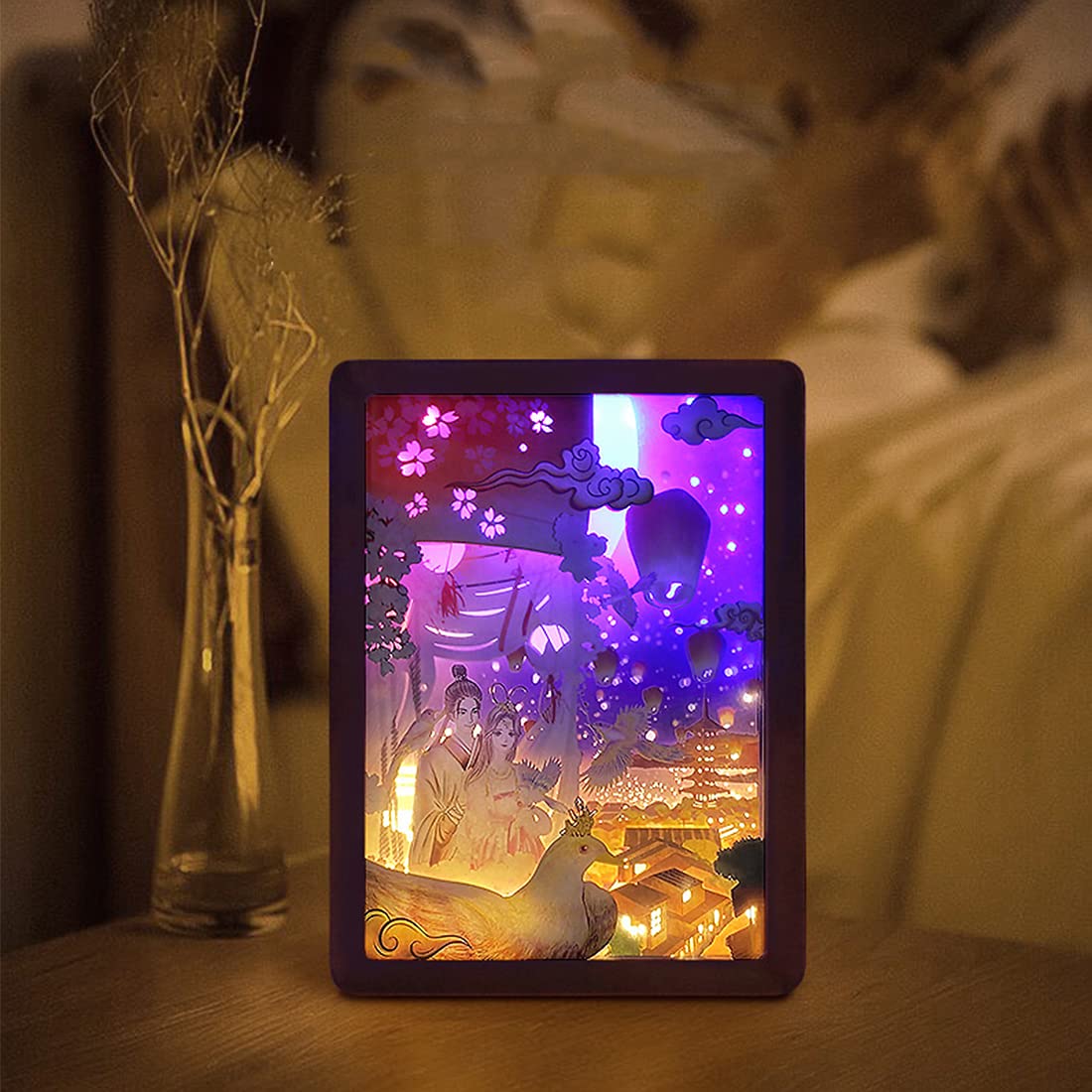 3D LED Papercut Light Box - Romantic Night Light with USB Power, Perfect Gift for Couples & Lovers - Create Cozy Bedroom Ambience for Date Nights & Anniversaries (Gold)