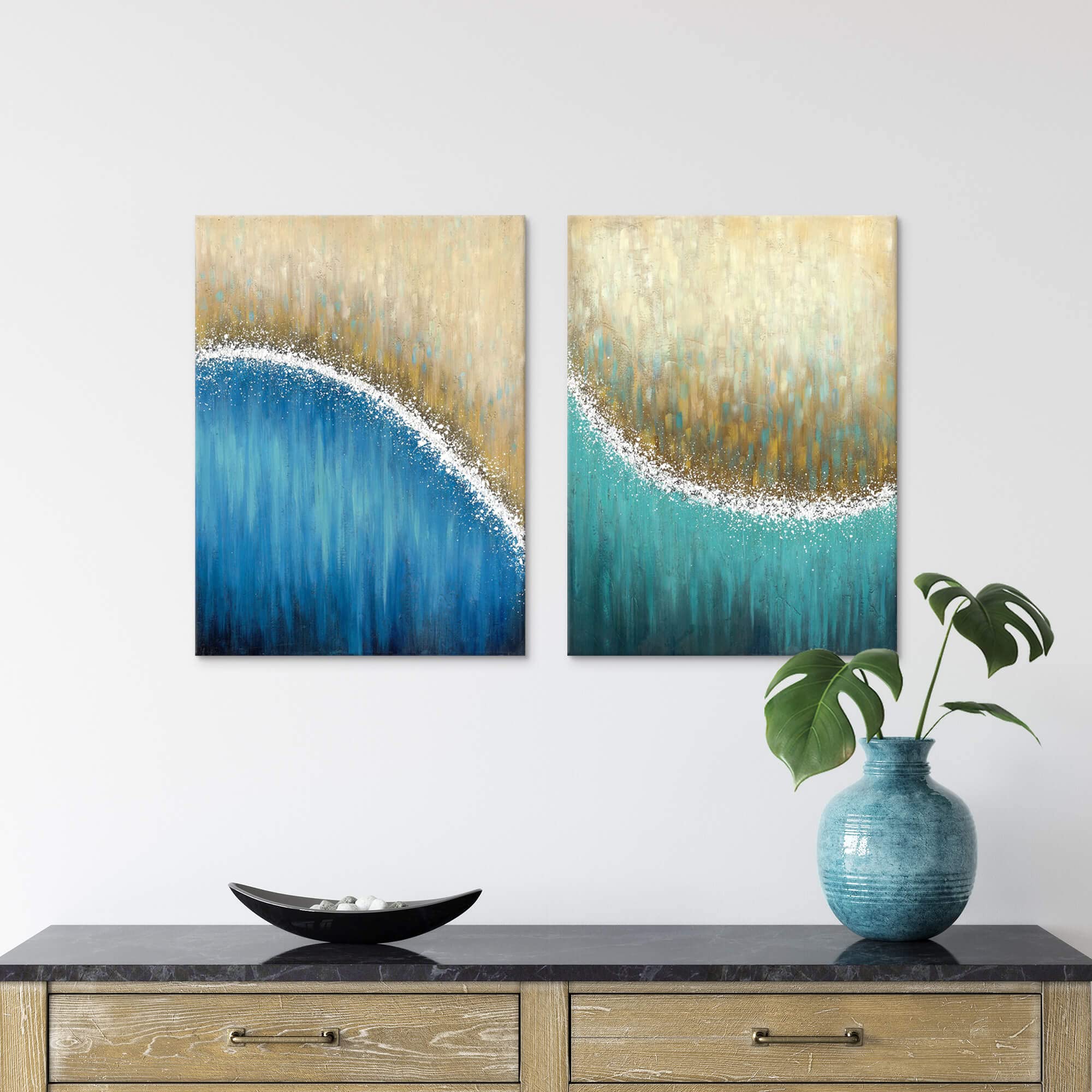 Abstract Blue Wall Art Canvas - Hand Painted Silver Glitters for Living Room & Bedroom Decor