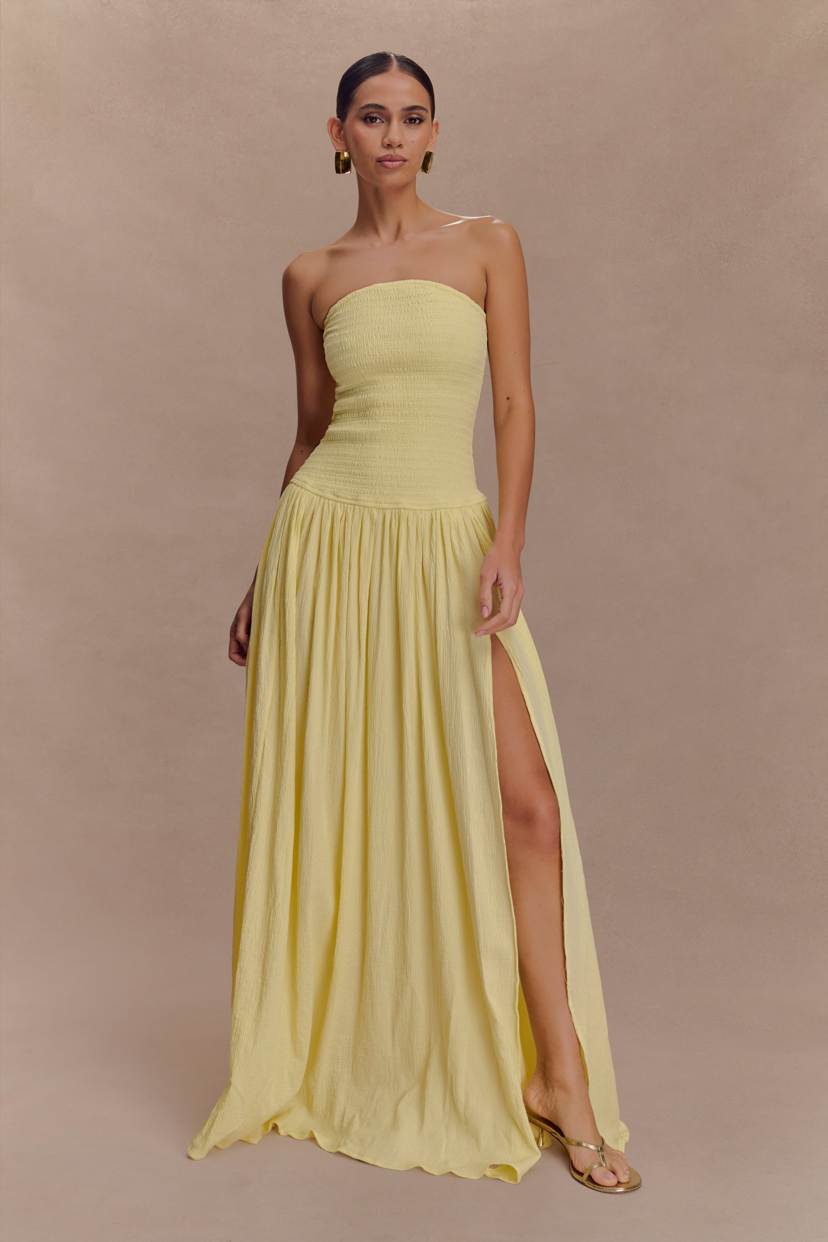 Maureen Cotton Shirring Maxi Dress - Lemon Yellow Flowy Summer Dress for Women | Perfect for Beach Vacations, Brunch Dates & Outdoor Weddings
