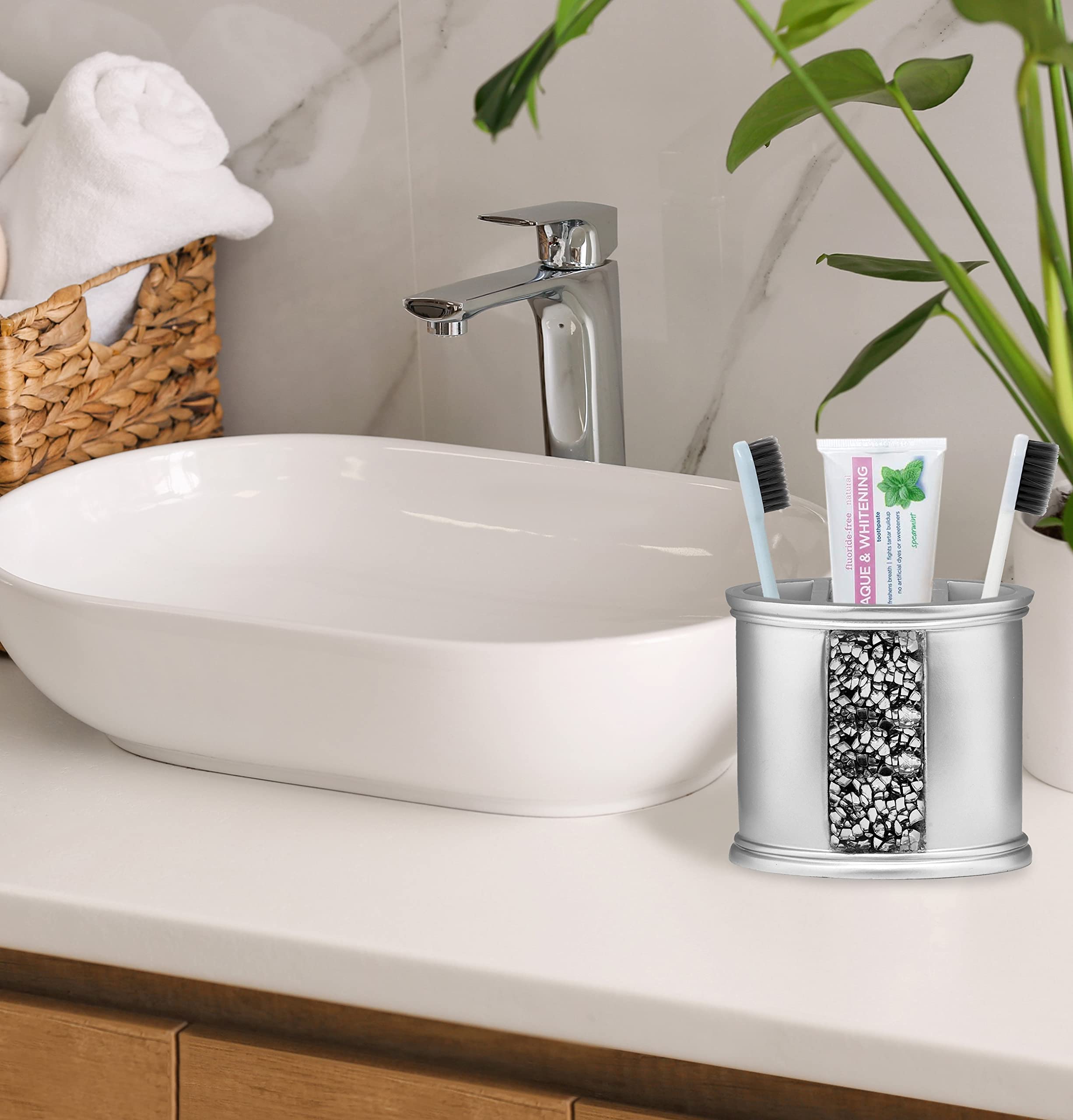 Zahari Home 4-Piece Stylish Bathroom Accessories Set - Glass Soap Dispenser, Toothbrush Holder, Tumbler & Soap Dish - Modern Luxury Decor for Bathroom Vanity, Guest Bath or Spa Retreat