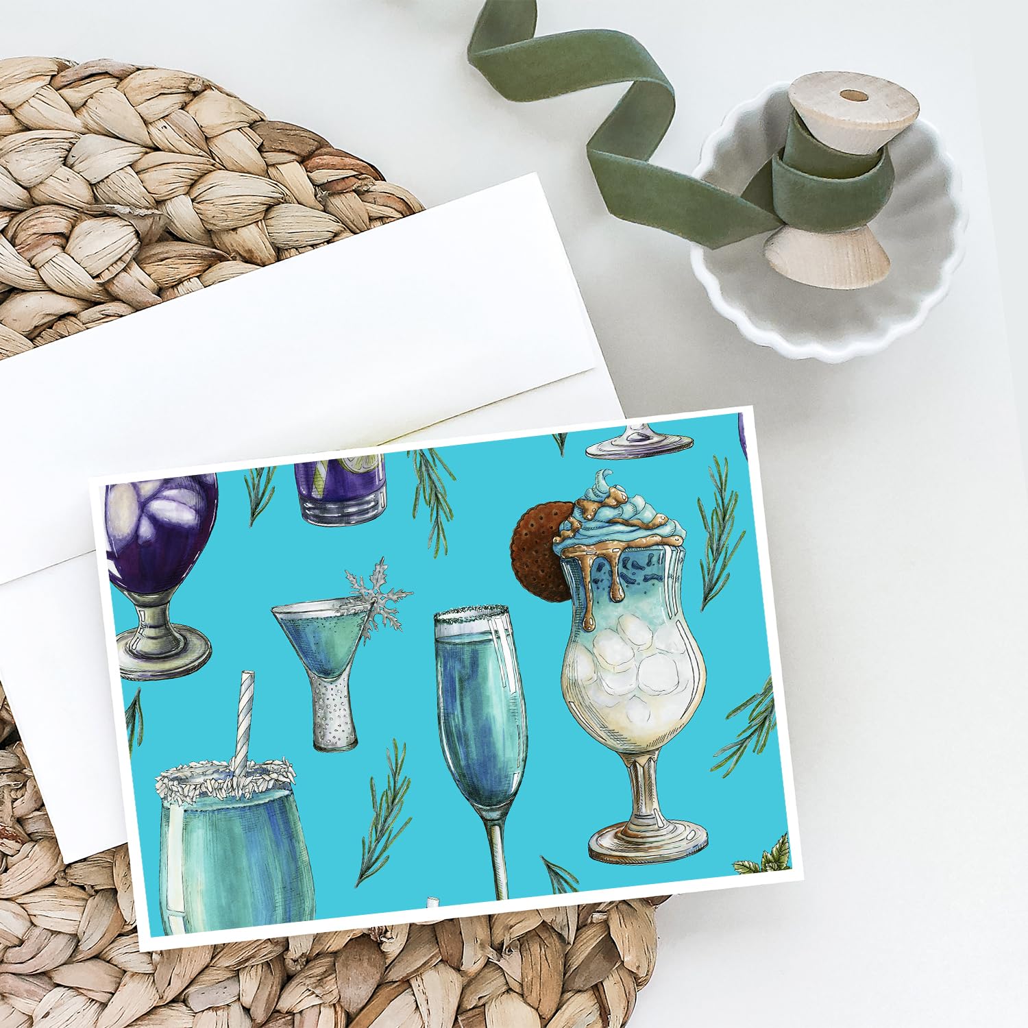 Caroline's Treasures BB5203GCA7P Whimsical Blue Drinks & Cocktails Blank Greeting Cards - Pack of 8 A7 Size (5x7) Note Cards with Envelopes | Perfect for Birthday Wishes, Thank You Notes & Party Invitations