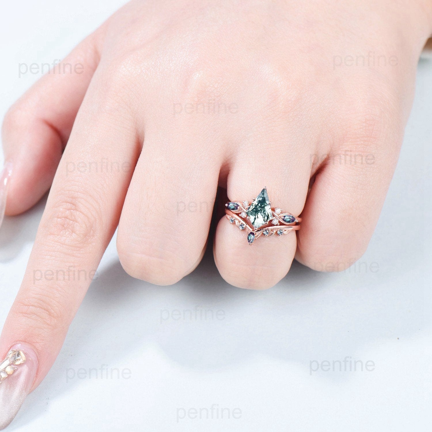 7X10mm Kite Moss Agate Engagement Ring - Marquise Alexandrite Infinity Wedding Set in Rose Gold, Art Deco Leaf Design, Nature Inspired Jewelry for Anniversary, Proposal, or Special Occasion Gift