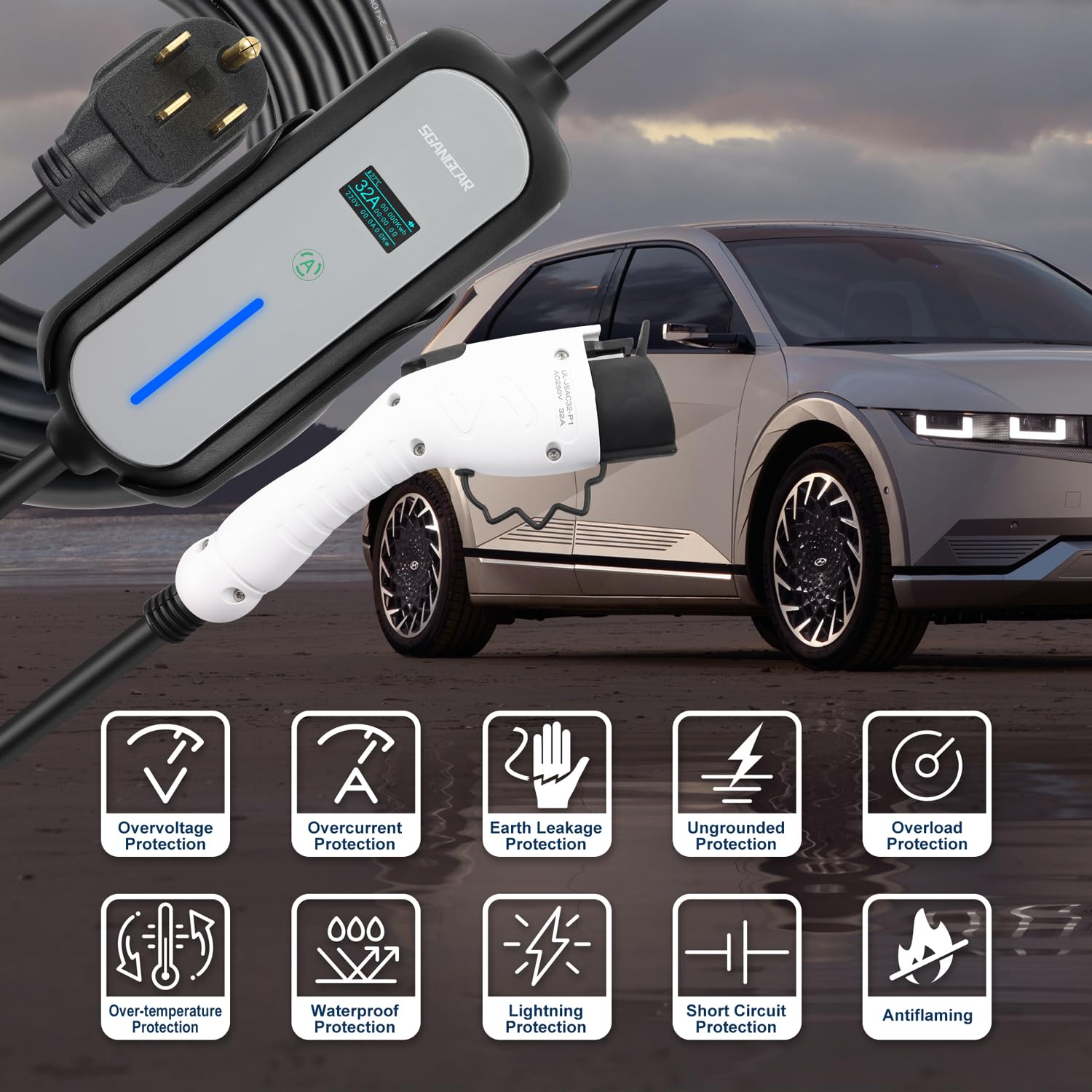 32Amp 240V Level 2 EV Charger with NEMA 14-50 Plug - Portable Home Electric Vehicle Charger | SAE J1772 Compatible | IP65 Waterproof | Adjustable Current & Timer | 20ft Cable - Perfect for Home, Garage & Outdoor Charging