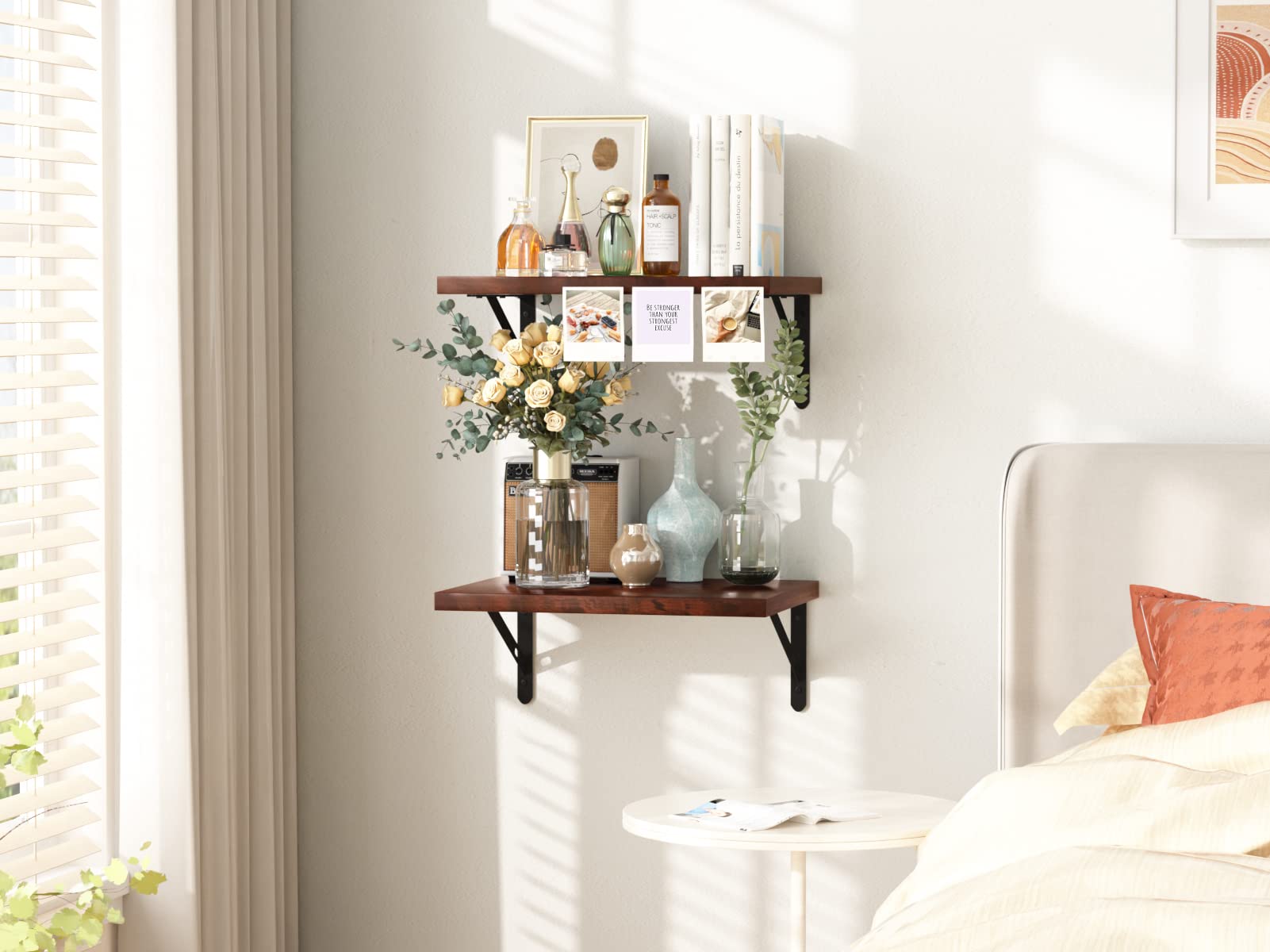 Floating Wall Shelves Set of 2 - Rustic Cherry Walnut Wood Display Shelf - 11.8