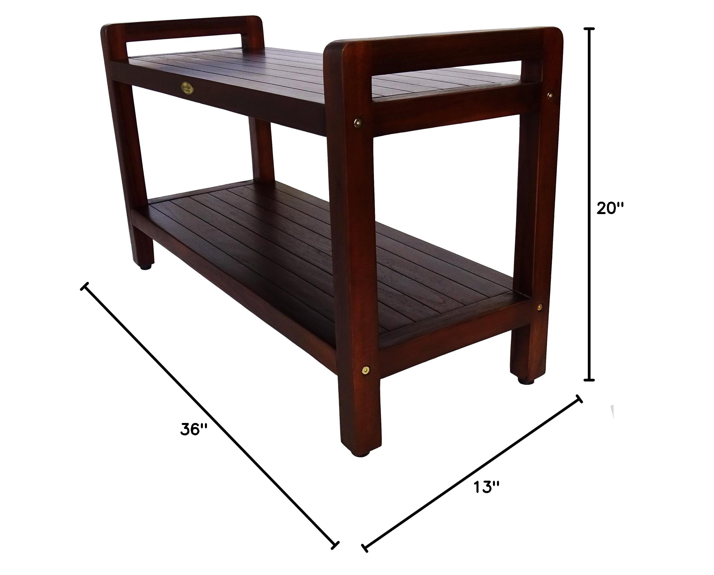 DecoTeak Eleganto 35 Inch Waterproof Teak Wood Shower Bench with Lift Aid Arms - Bathroom Stool Seat & Storage Shelf for Safety & Organization | Perfect for Elderly, Disabled & Spa Showers