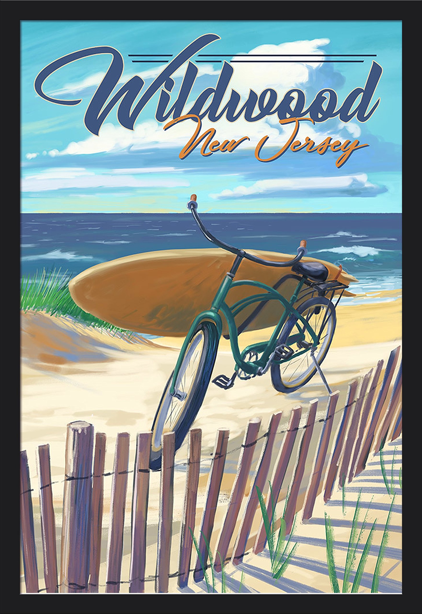 Wildwood New Jersey Beach Cruiser Bicycle 24x36 Giclee Art Print - Gallery Framed Black Wood Wall Decor - Perfect for Coastal Home, Beach House & Office Decor