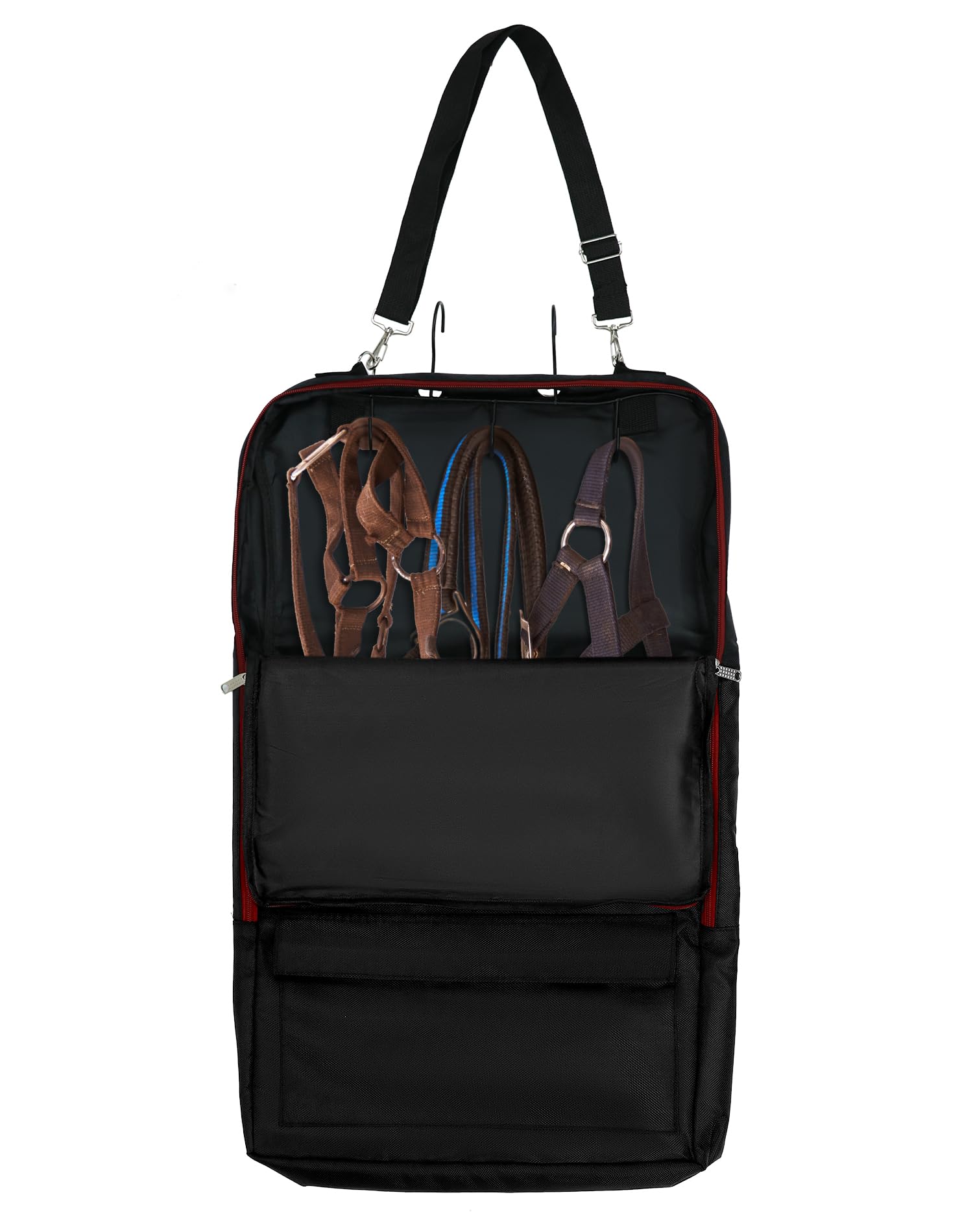 QWORK Horse Bridle Bag with Hooks - Durable Tack Carry Bag for Equestrian Gear Storage - Includes 3-Prong Tack Rack Organizer - Perfect for Stable, Barn & Horse Show Travel (Black)