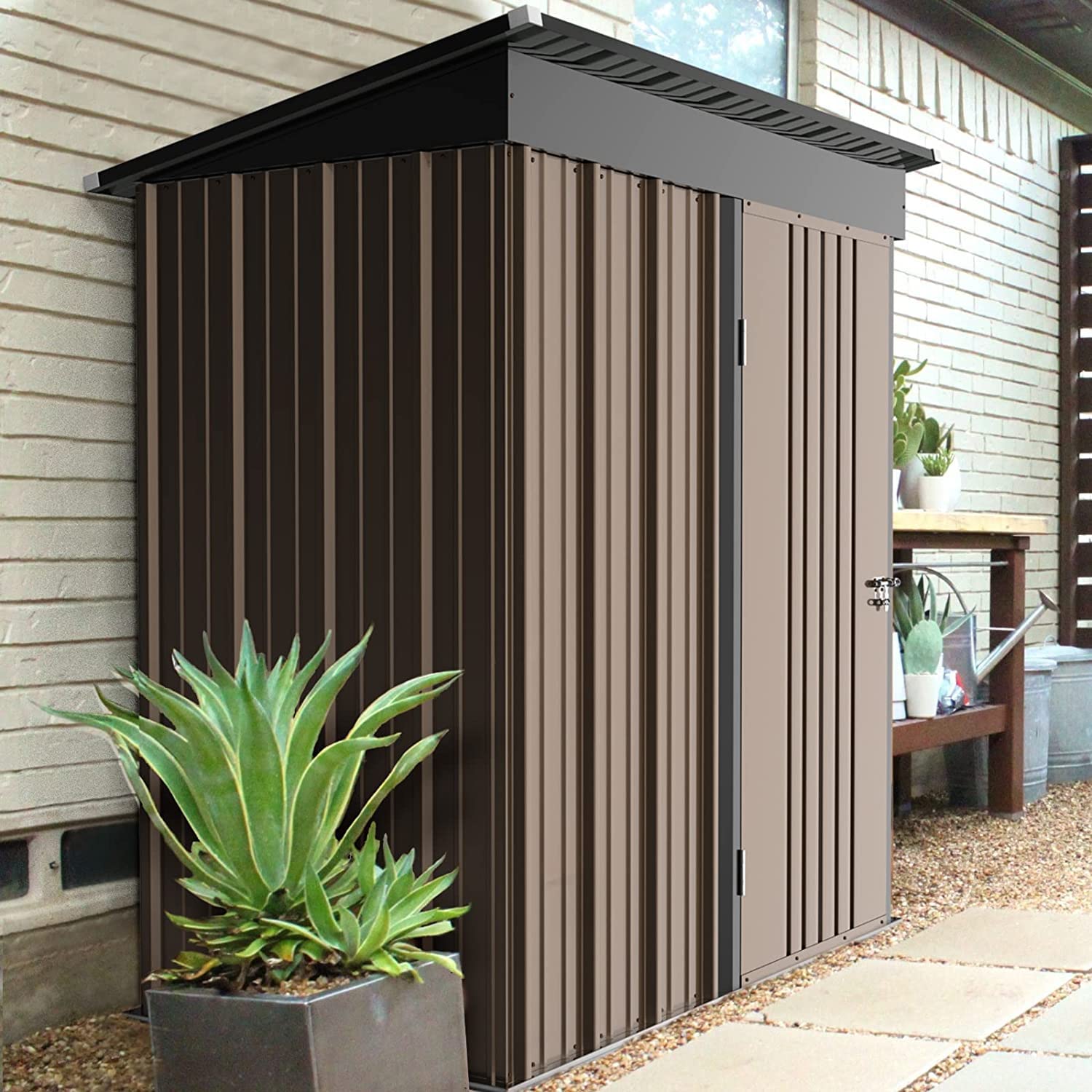 LEMBERI 5x3 FT Outdoor Storage Shed with Floor - Heavy Duty Galvanized Steel Garden Shed with Lockable Door, Waterproof & Rustproof Tool Shed for Backyard, Patio, Lawn (Brown) - Perfect for Storing Gardening Tools, Lawn Equipment & Outdoor Furniture