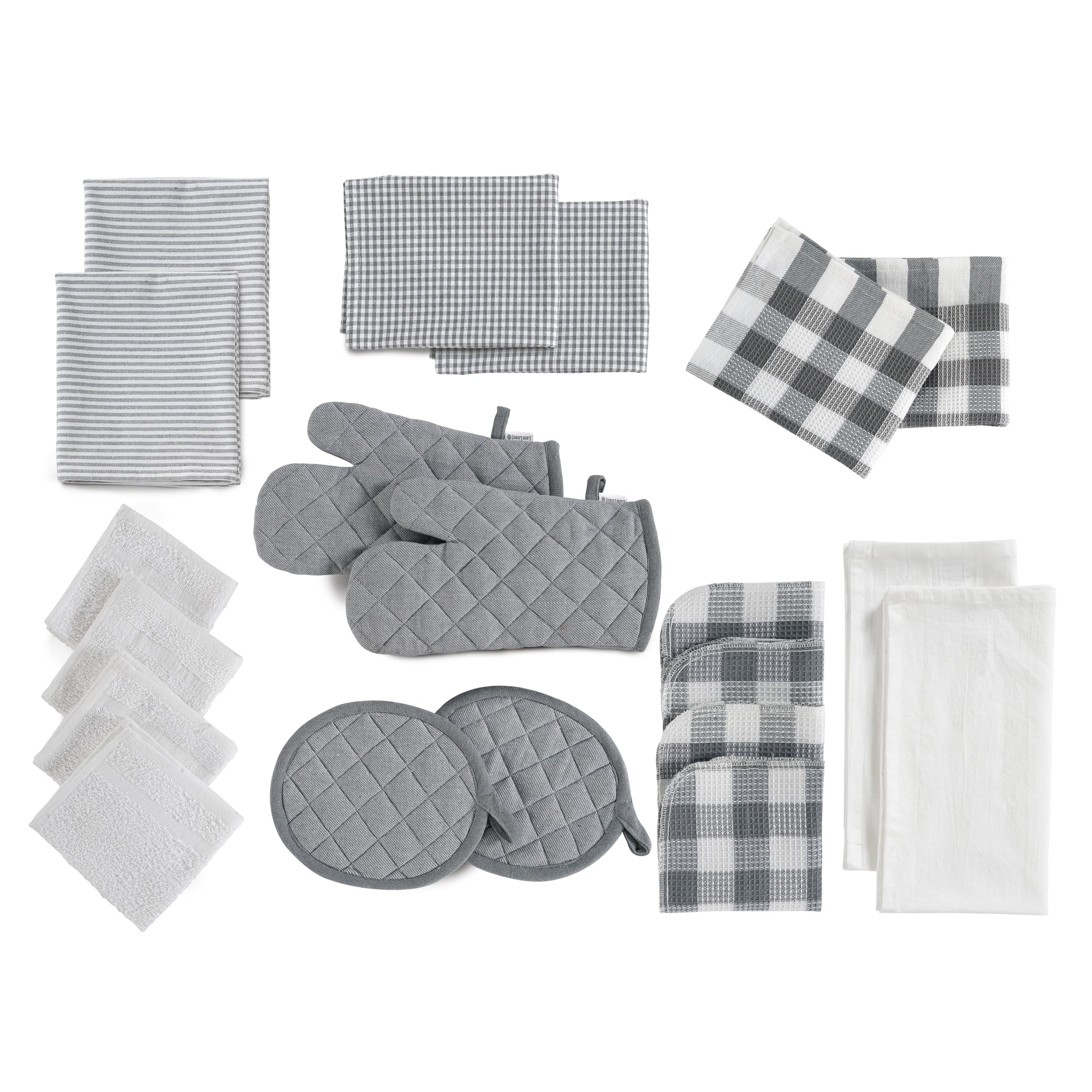 Premium 20-Piece Kitchen Towel Set - Ultra Absorbent Flour Sack Dish Towels, Heat Resistant Oven Mitts & Pot Holders - Gray Linen Collection for New Home Essentials | Perfect for Cooking, Baking & Daily Kitchen Cleaning