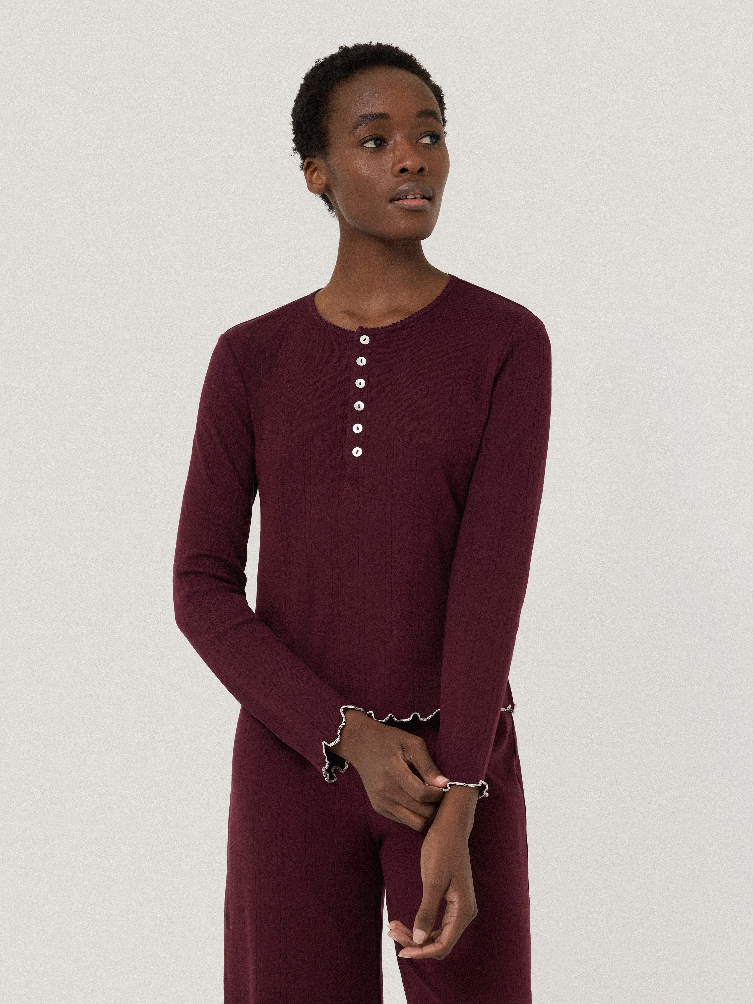 Pointelle Henley Pajama Top for Women - Soft & Comfortable Sleepwear in Burgundy - Perfect for Lounging, Sleeping & Relaxing at Home