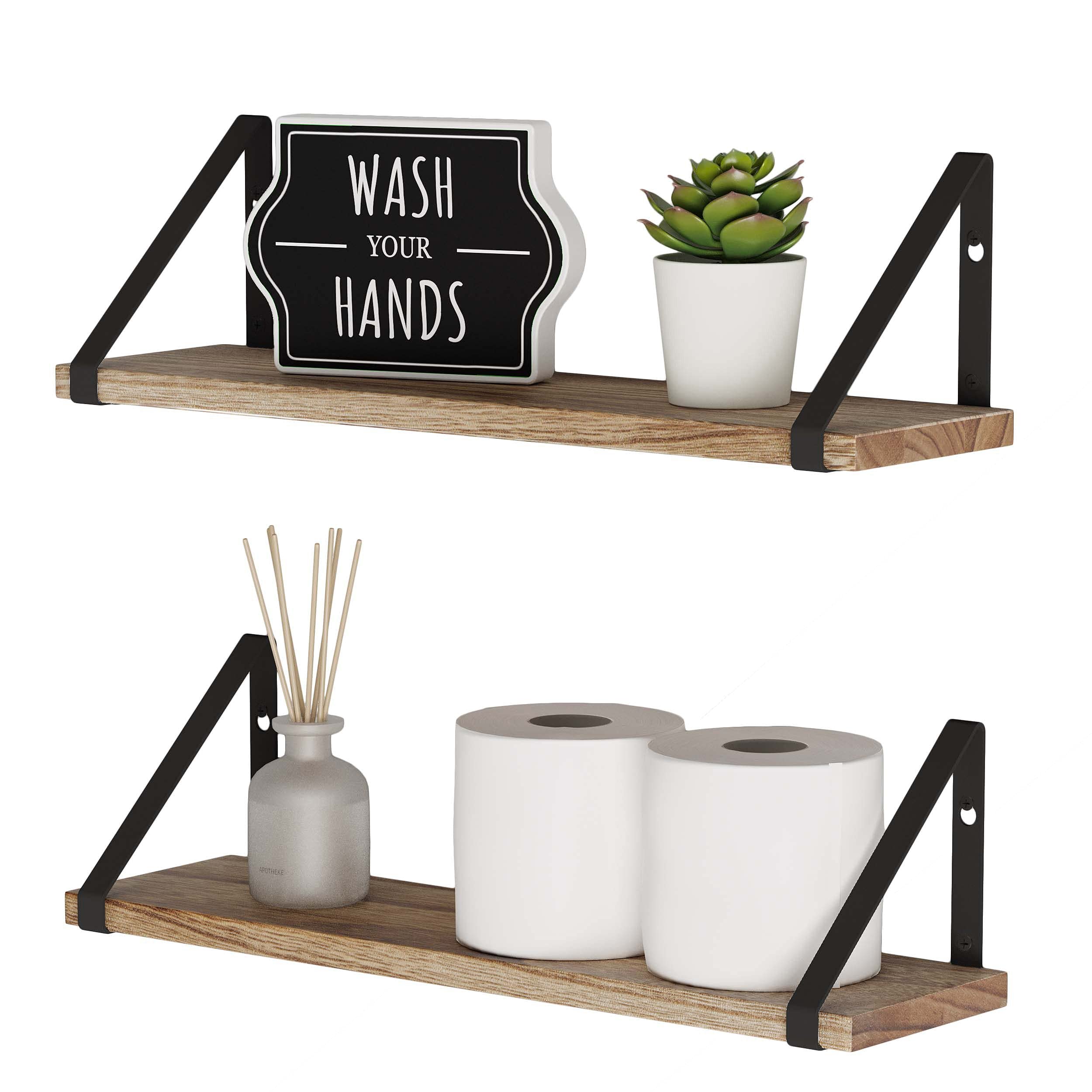 Wallniture Floating Shelves Set of 2 - Rustic Wood Wall Mount Shelves with Black Brackets for Bathroom, Bedroom, Kitchen & Laundry Room Storage | Perfect for Home Decor & Organization | Ideal for Displaying Plants, Books & Decorative Items