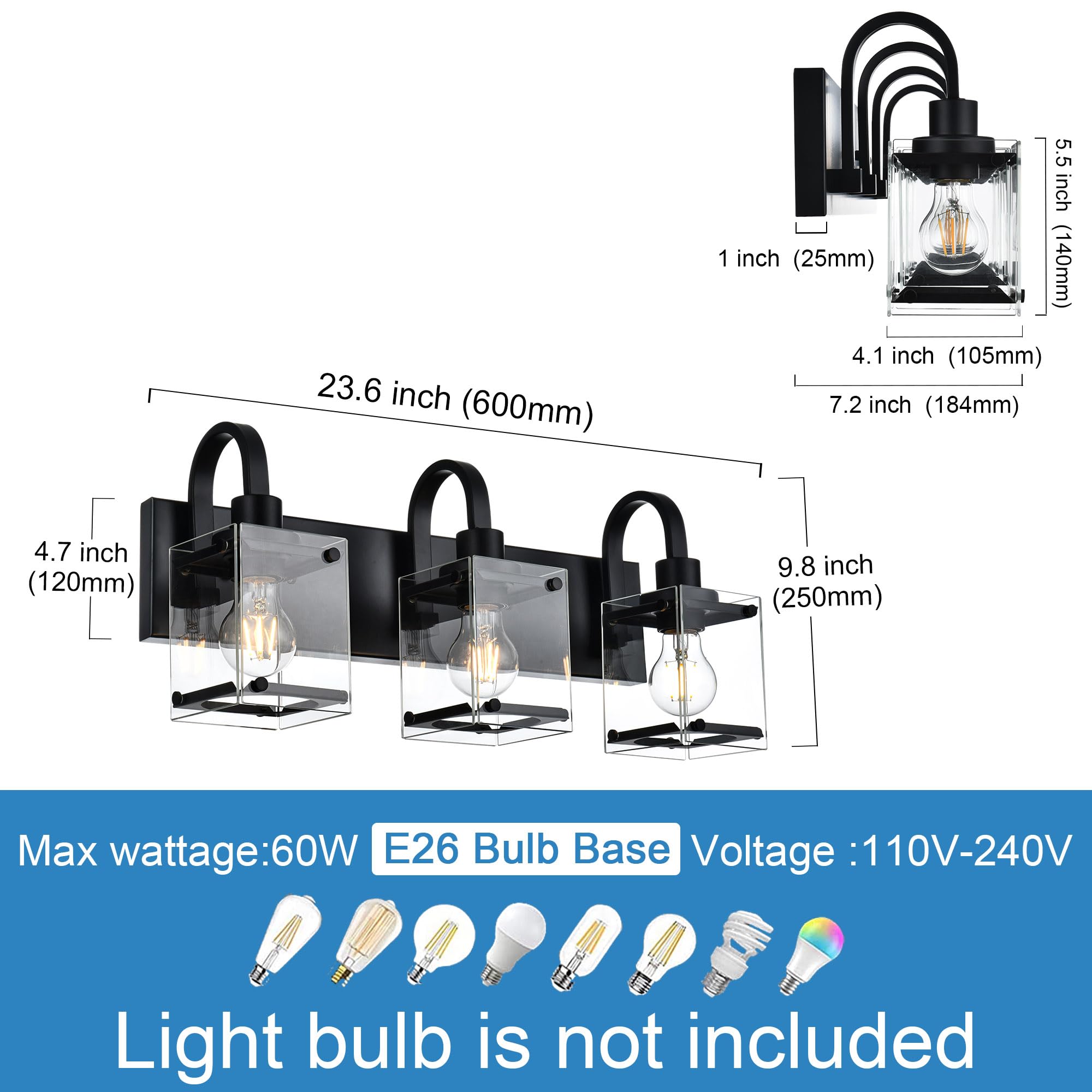 Modern Black Bathroom Light Fixtures - 3-Light Industrial Wall Sconces for Vanity Mirror, Farmhouse Style Bath Lighting for Above Mirror - Perfect for Bathroom, Powder Room & Dressing Room Makeup Lighting