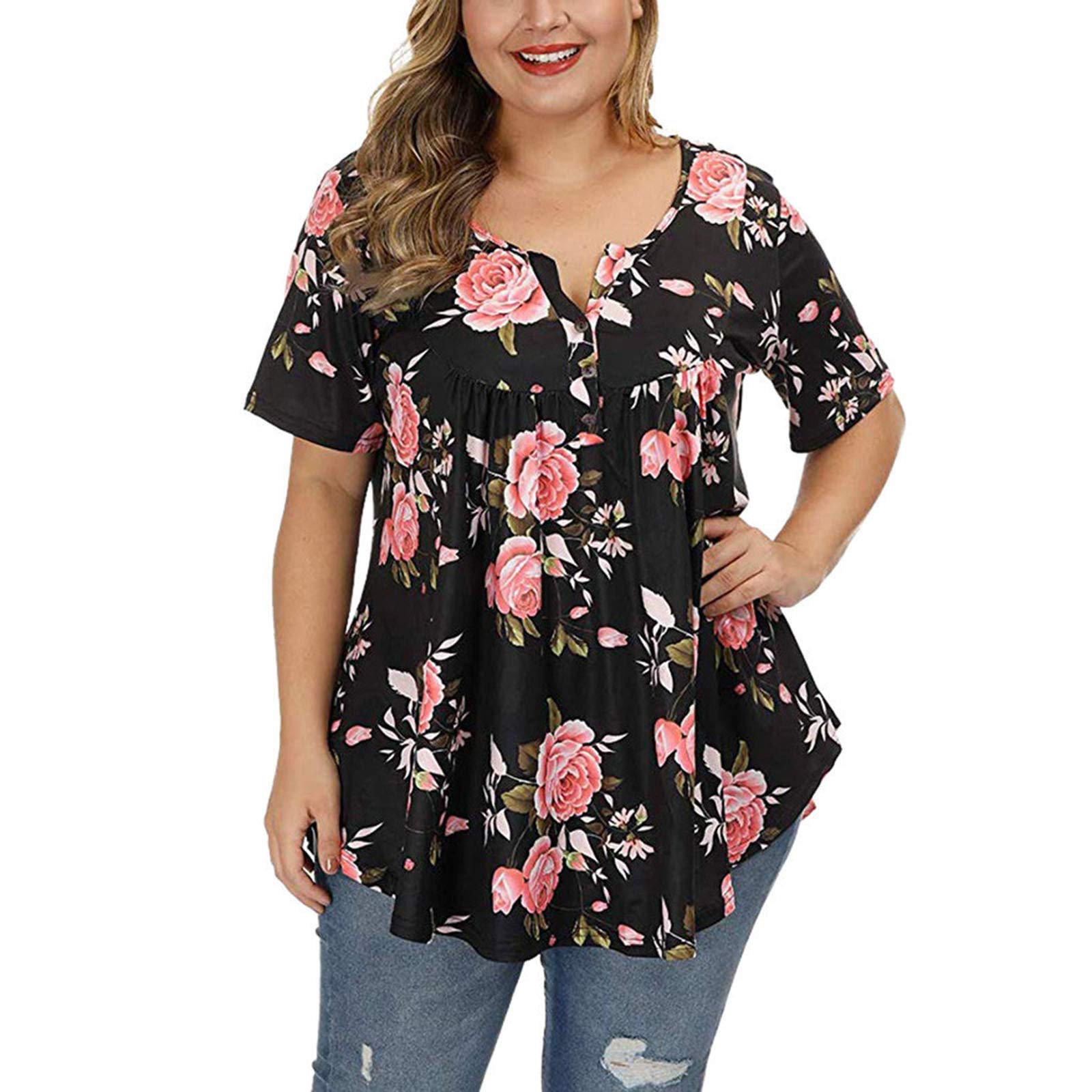 LBJTAKDP Plus Size Flowy Shirts for Women - Floral Print Ruffle Blouse with Henley V-Neck & Pleated Tunic Design | Casual Office Wear & Spring Summer Outfits