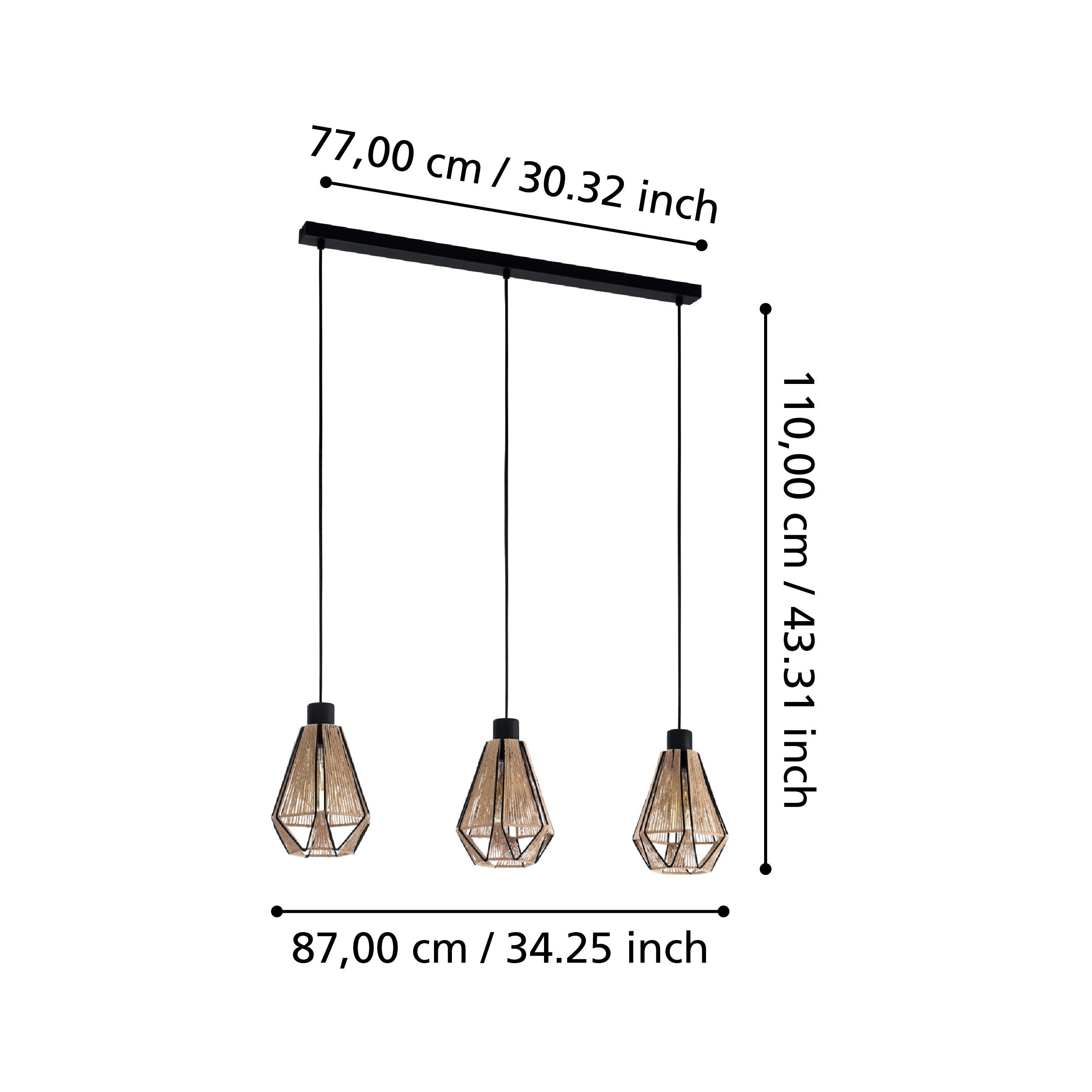 Eglo Adwickle 3-Light Black Metal Wire & Hemp Ceiling Pendant Light Fixture - Modern Farmhouse Lighting for Kitchen, Dining Room, and Bedroom