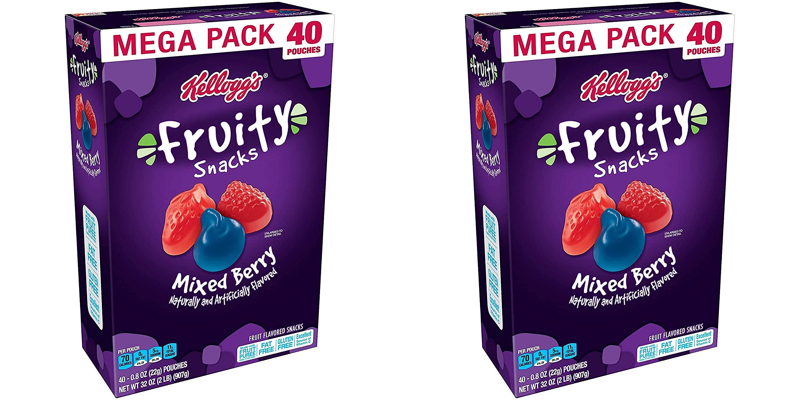 Healthy Mixed Berry Fruity Snacks - Gluten Free, Fat Free, 32 Oz (40 Pouches) Pack of 2 - Perfect for School Lunches, Office Snacks & On-the-Go Energy Boost