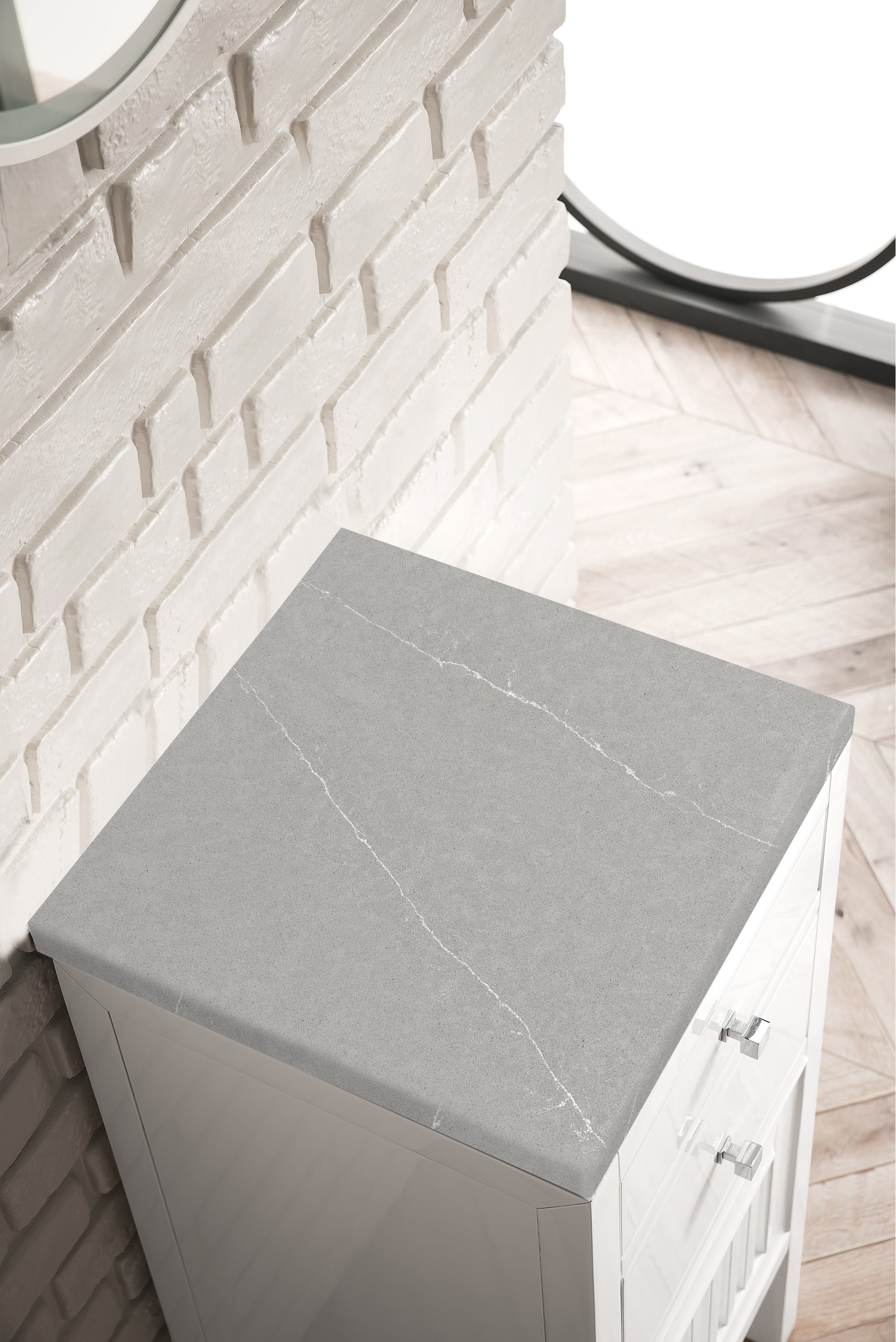 Athens 15-Inch White Glossy Cabinet with Drawers & Door - 3CM Eternal Serena Top for Kitchen, Bathroom, or Office Storage Organization