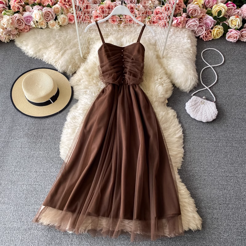 Elegant French Sleeveless Spaghetti Strap Tulle Maxi Dress - Fairy-Inspired Long Formal Gown for Weddings, Prom & Special Occasions