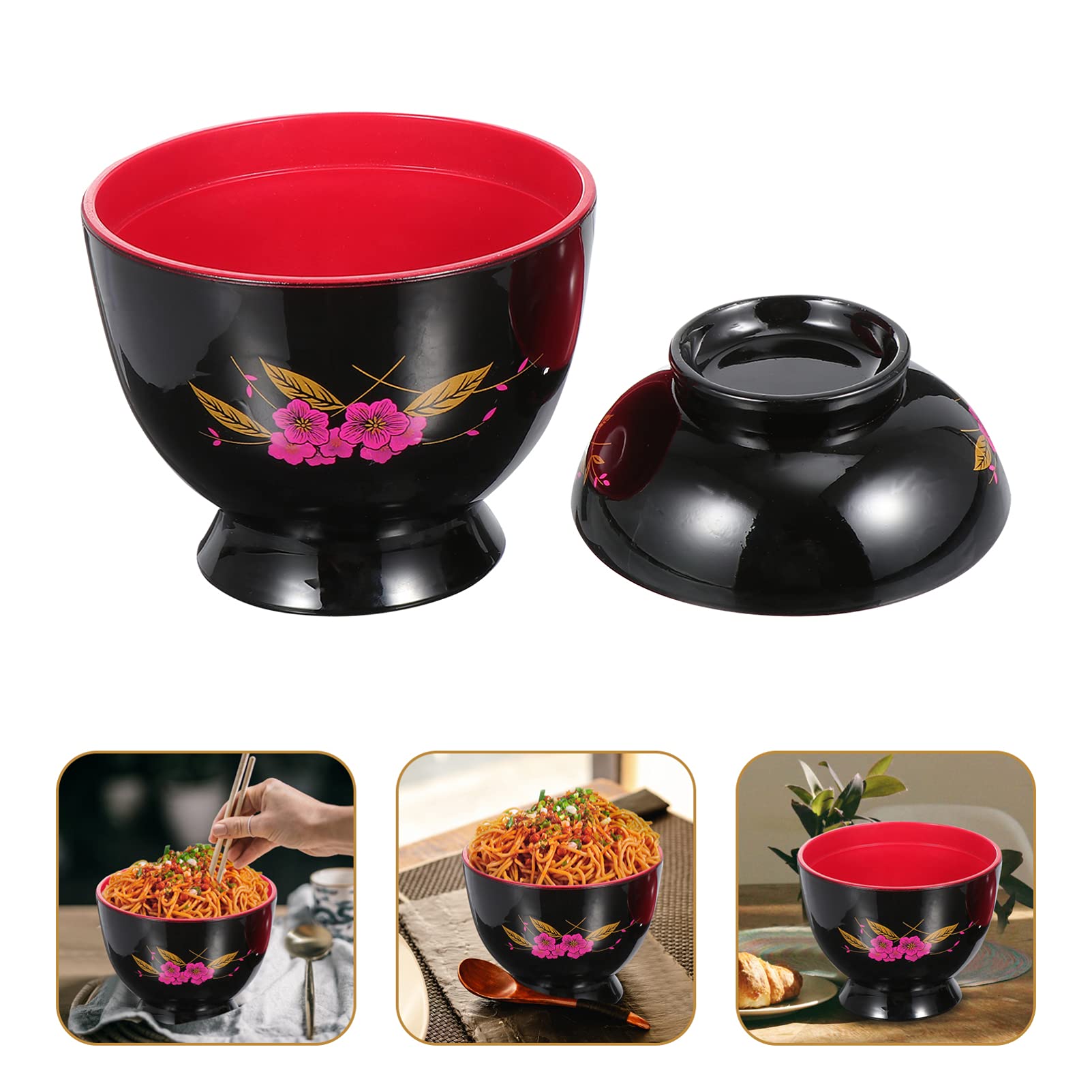 Hemoton Japanese Miso Soup Bowl with Lid - Traditional Ramen & Rice Bowl, Lacquer Finish, Black Style - Perfect for Home Kitchen & Dining Serving