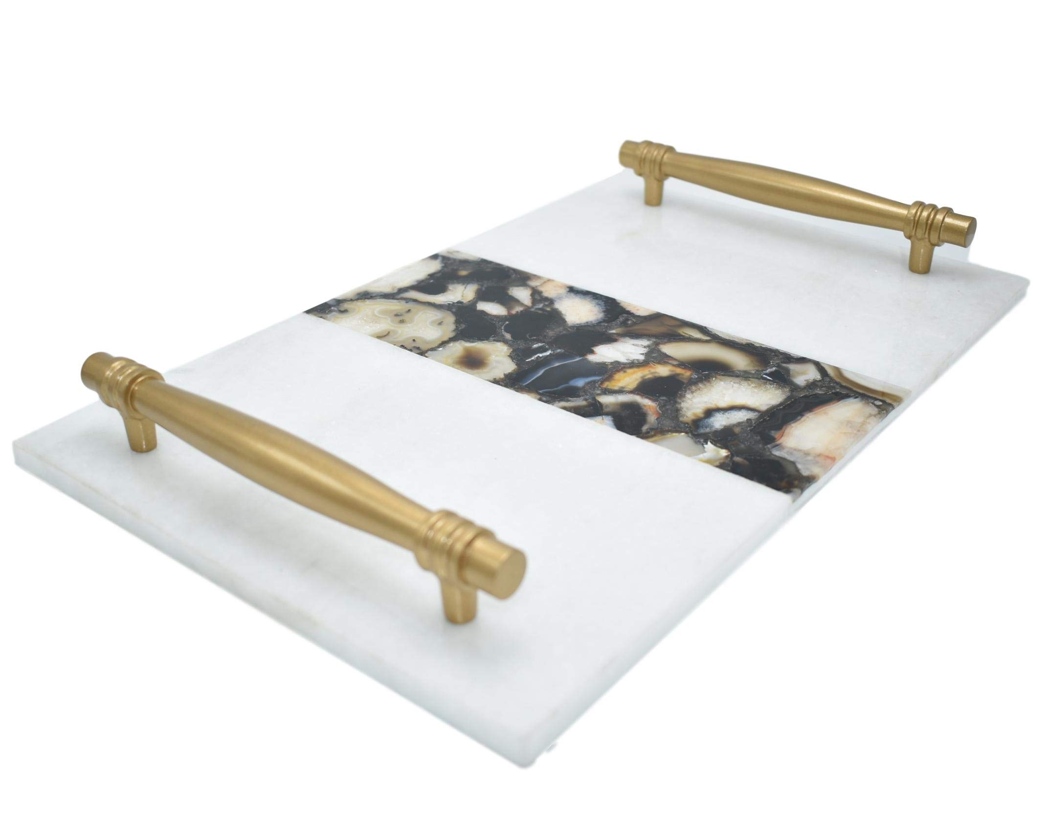 Premium Marble Serving Platter with Gold Handles - Natural Agate Stone Tray for Coffee Table, Snacks, Desserts | Elegant Kitchen Decor & Restaurant Serveware | Perfect for Entertaining, Bridal Showers & Dinner Parties (16