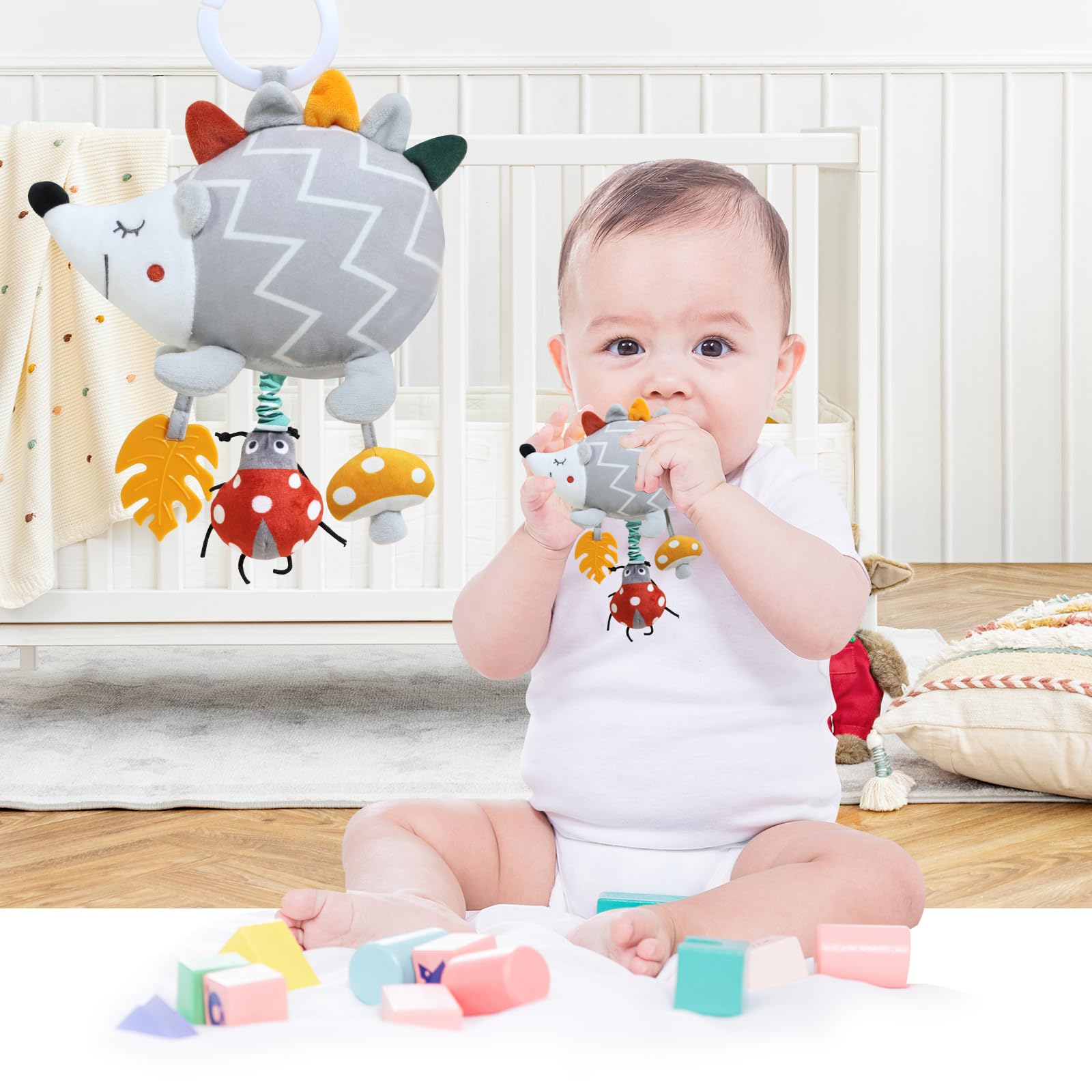 Soft Musical Hedgehog Baby Car Seat & Stroller Toy - Sensory Developmental Learning Toy with Teether for Newborns 0-12 Months | Perfect for Crib, Stroller & Travel | Infant Toys for Boys & Girls