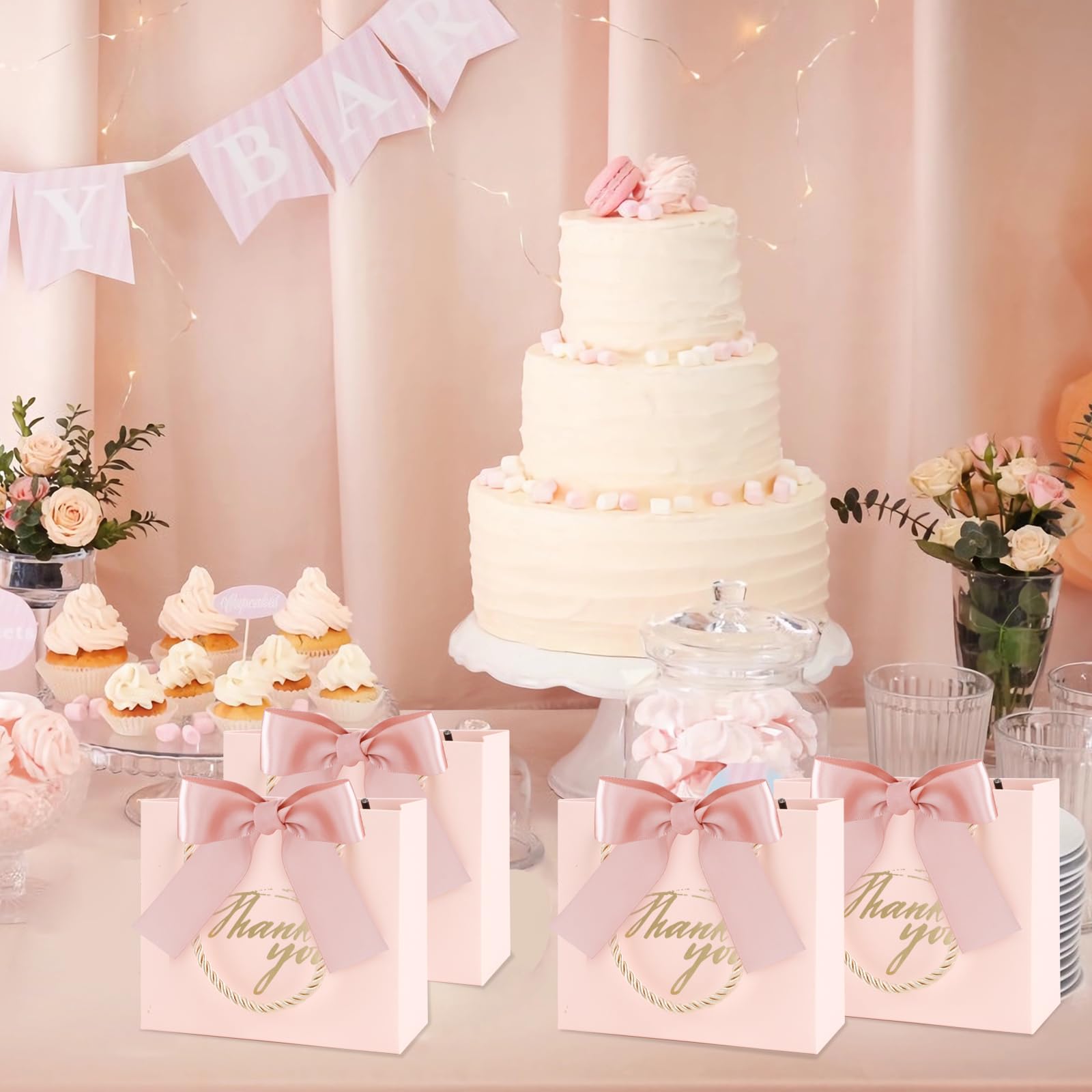 SHAIDOJIO 30-Pack Small Pink Thank You Gift Bags with Handle & Bow Ribbon - 5.5x2.5x4.7 Inch Mini Party Favor Bags for Candy, Wedding Favors, Birthday, Bridal Shower & Baby Shower - Perfect for Party Decorations, Gift Wrapping & Special Occasions