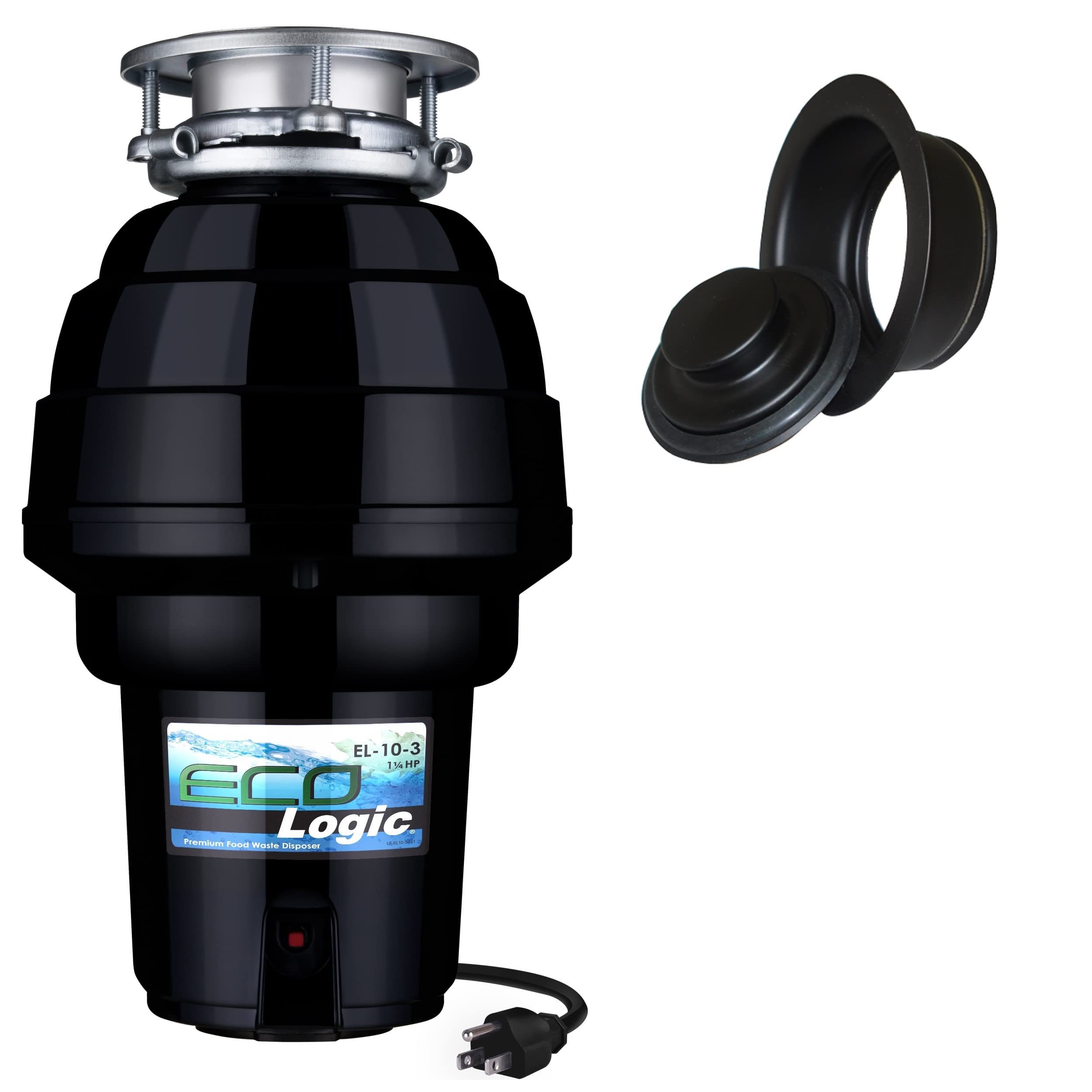 Eco Logic EL-10-DS-BK 10 Designer Series 1.25 HP Food Waste Disposer with Black Sink Flange - Quiet & Powerful Kitchen Garbage Disposal for Home & Restaurant Use