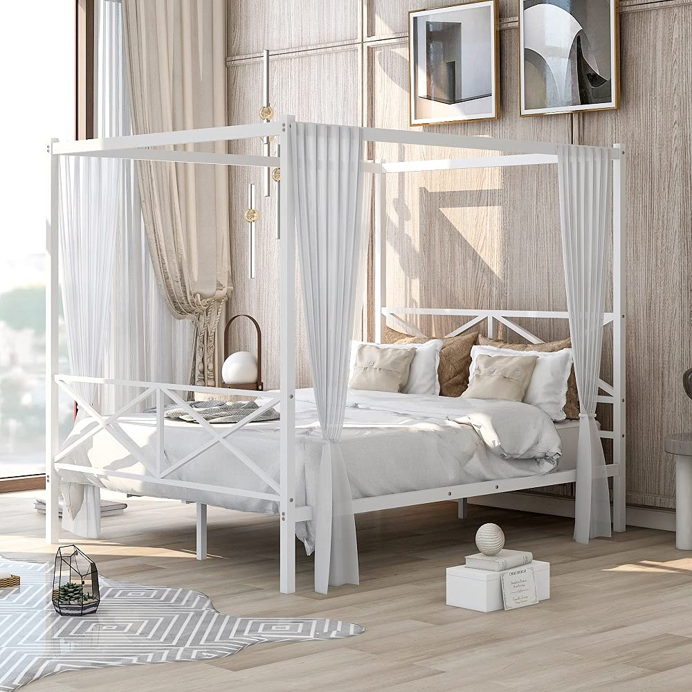 LF 4Post Canopy Bed Frame - Queen Size White Metal Canopy Bed with Headboard & Footboard | Sturdy Metal Slat Support (No Box Spring Required) | Perfect for Master Bedrooms, Guest Rooms & Bohemian Style Decor