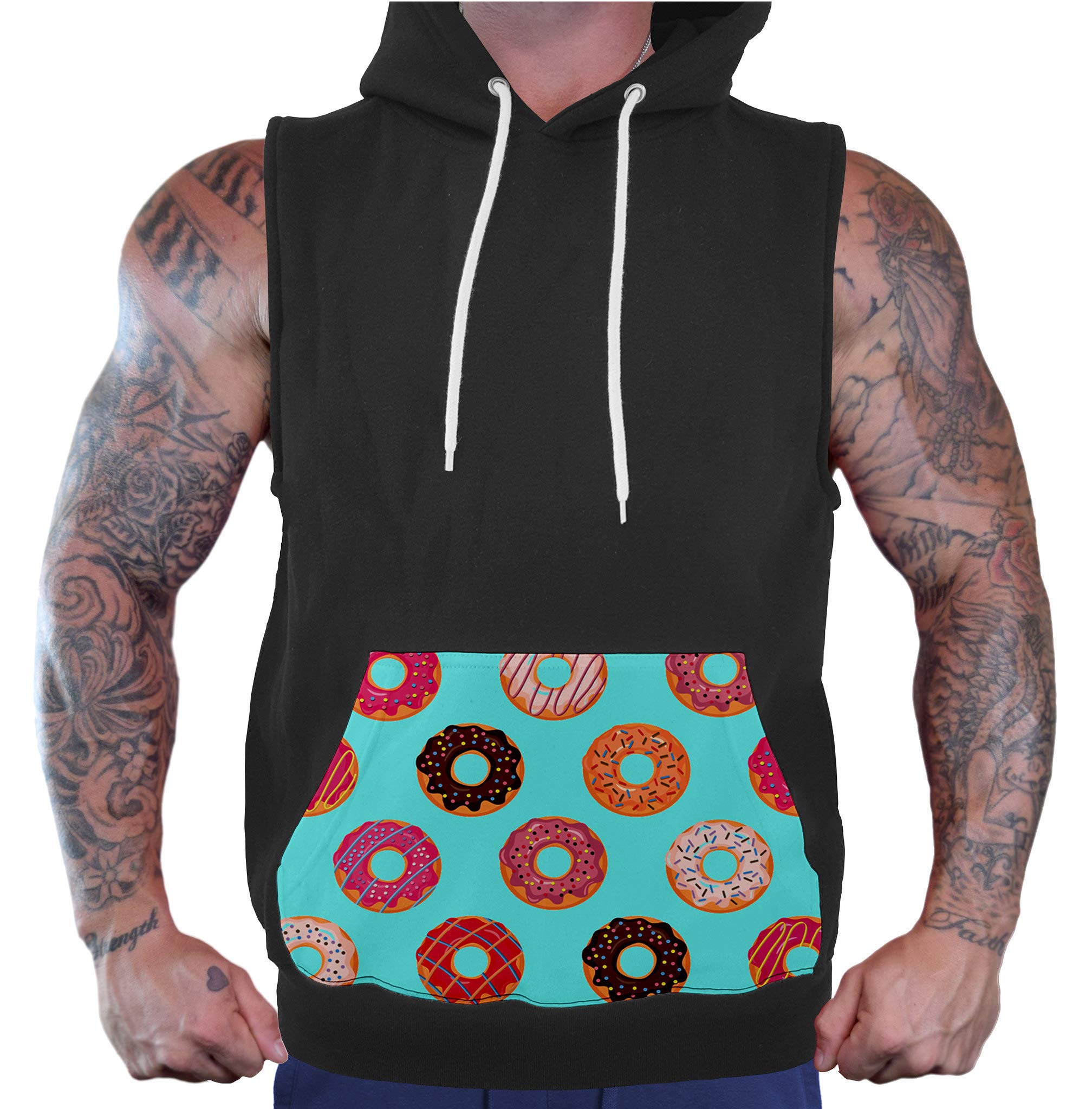 Men's Black Hoodie Vest with Donut Pattern Pockets - Stylish & Comfortable for Casual Wear, Street Fashion, and Outdoor Activities