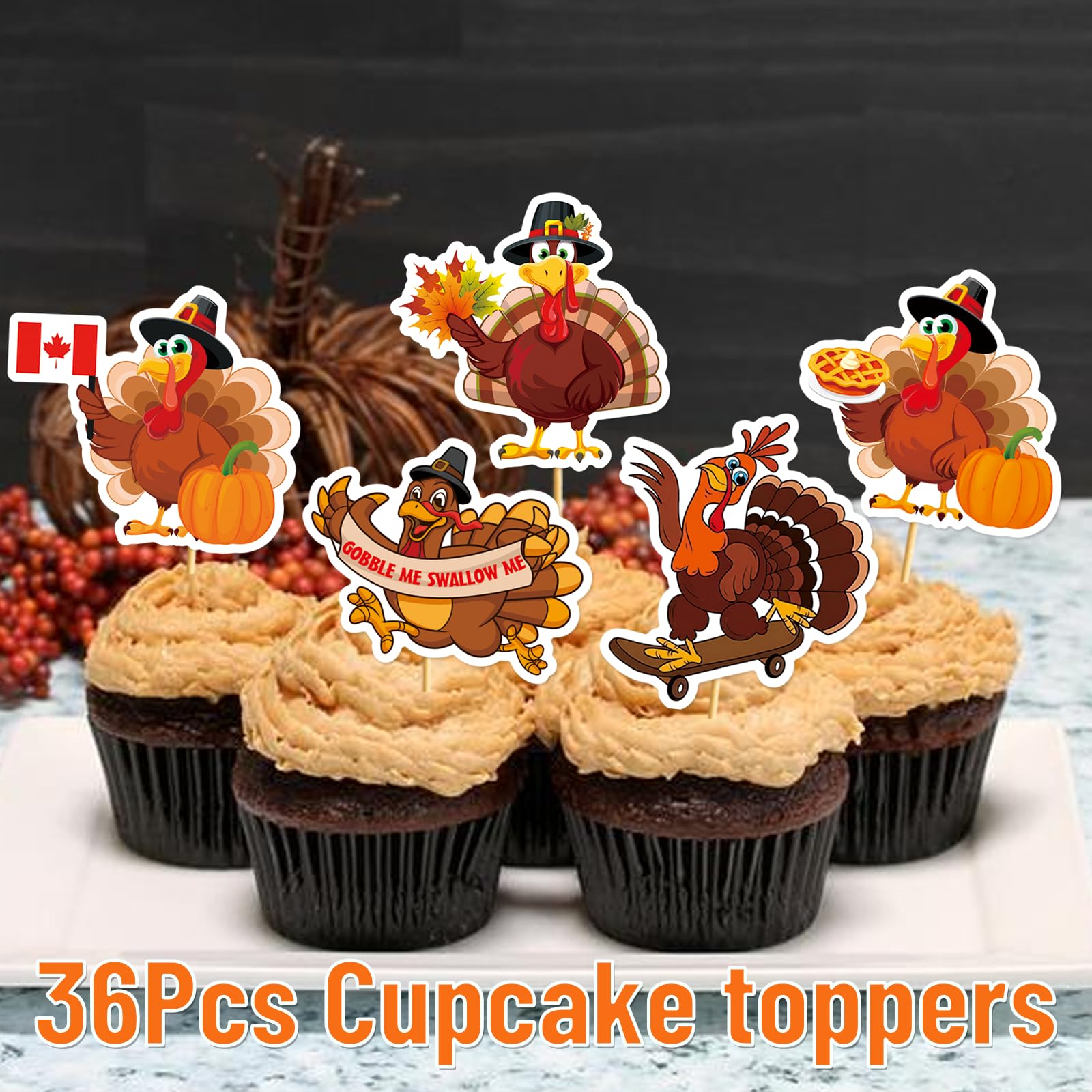 36Pcs Thanksgiving Cupcake Toppers - Turkey & Friendsgiving Themed Cupcake Decorations for Thanksgiving Party Supplies | Perfect for Friendsgiving Celebrations, Holiday Desserts & Festive Baking