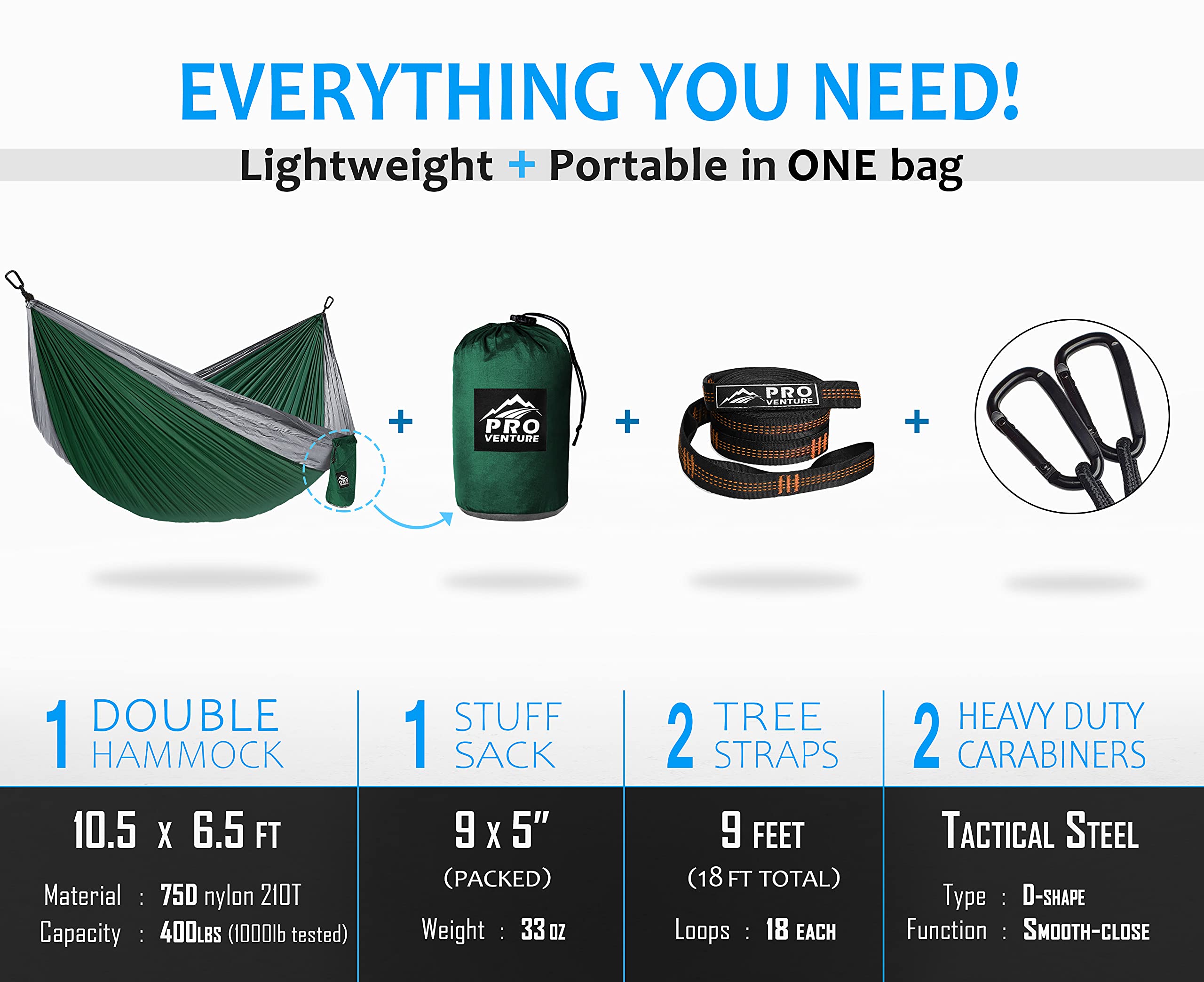Double Camping Hammock - 10.5 x 6.5 FT Large 2-Person Hammock with 9ft Tree Straps & 2 Carabiners - Lightweight Portable Parachute Nylon 210T for Backpacking, Hiking, Travel, Outdoor Relaxation - Perfect for Camping, Beach, Backyard & Patio Use