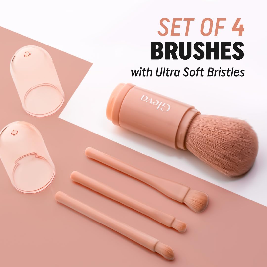 Gleva 4-in-1 Travel Makeup Brush Set - Mini Lip & Eye Shadow Brushes for Women | Perfect for On-the-Go Touch Ups