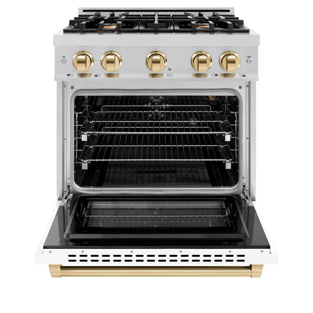 ZLINE Autograph Edition 30-inch 4.2 cu ft Gas Range with 4 Burner Cooktop & Convection Oven - Stainless Steel with White Matte Door & Polished Gold Accents - Perfect for Modern Kitchens & Professional Cooking (HGRZ WM 30 G)