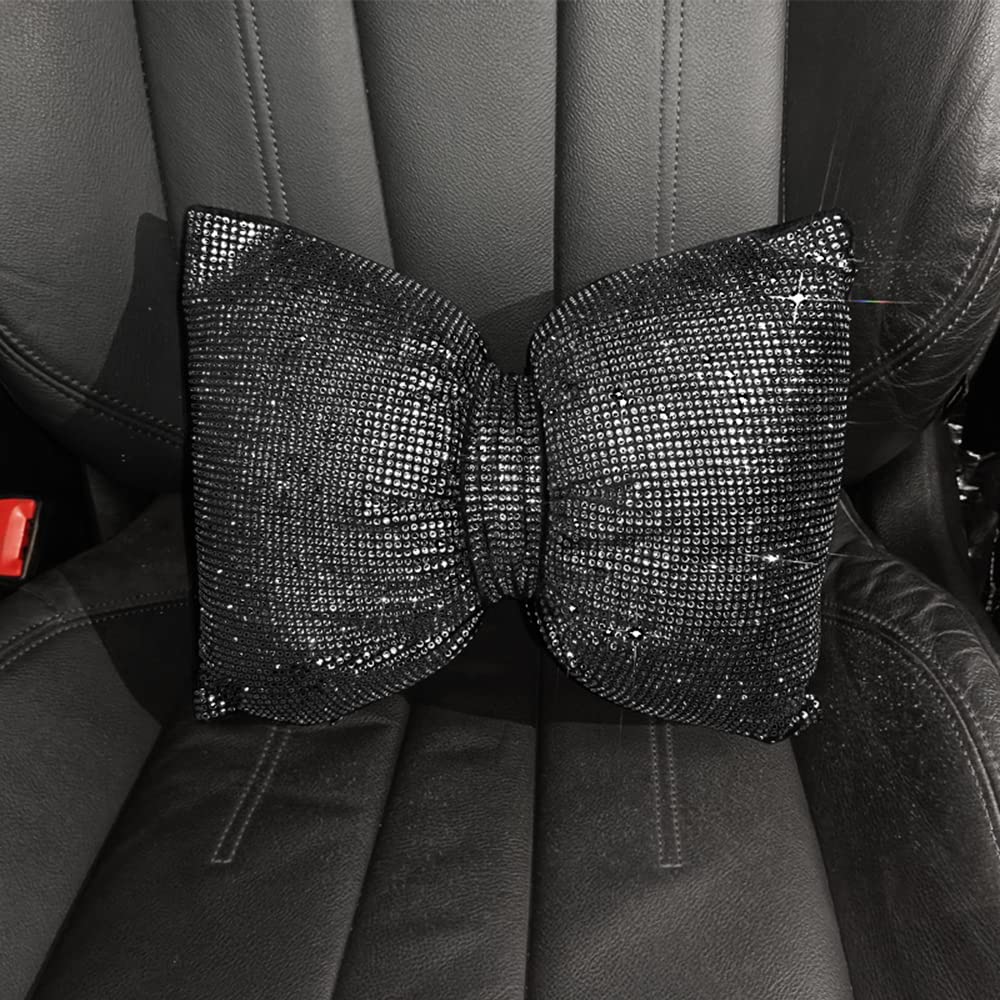 Stylish Rhinestone Bowknot Lumbar Pillow for Car Seats - Comfortable Back Support Cushion with Bling Design, Perfect Car Accessory for Women (Black) - Great for Long Drives & Road Trips