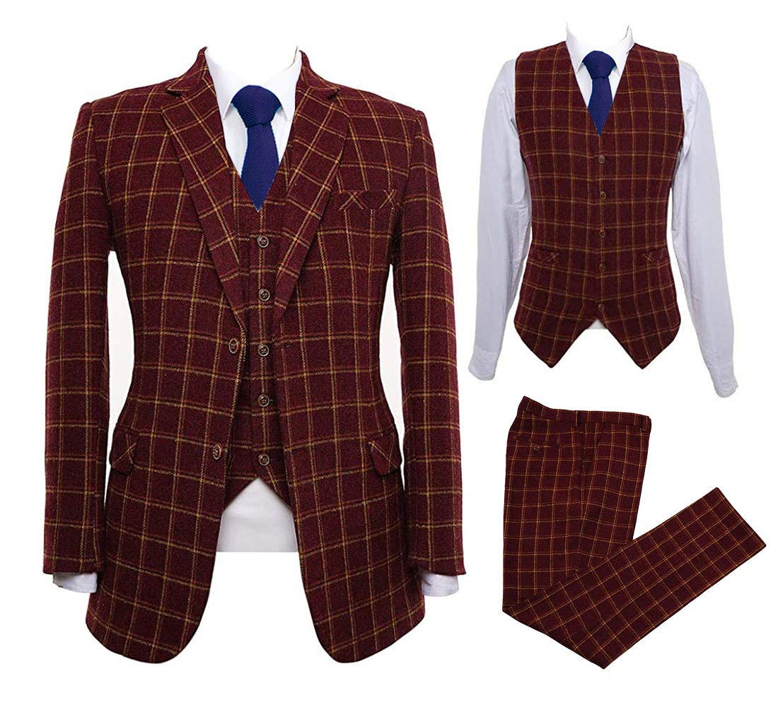 GATMSTZ Men's Slim Fit Checked Tweed 3-Piece Suit Set - Formal Wedding, Prom, Business & Evening Occasions - Plaid Tuxedo for Groom & Special Events