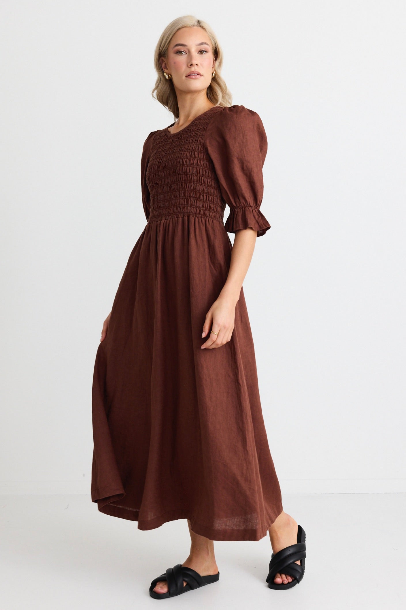 Canary Chocolate Linen Puff Sleeve Shirred Bodice Midi Dress - Elegant Summer Dress for Women, Perfect for Beach Vacations, Garden Parties & Date Nights