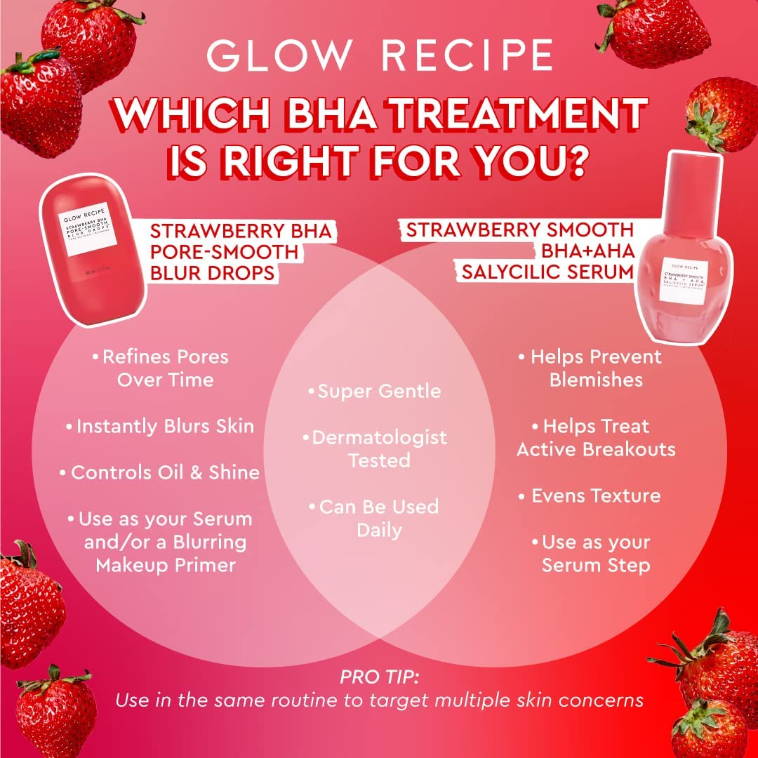 Glow Recipe Strawberry Smoothing Salicylic Acid Serum - Blemish Clarifying & Pore Minimizing Face Treatment with AHA/BHA Exfoliant, Hyaluronic Acid & Allantoin - Korean Skin Care for Acne, Dark Spots & Dullness - 30ml | Perfect for Daily Skincare Routine & Nighttime Skin Repair