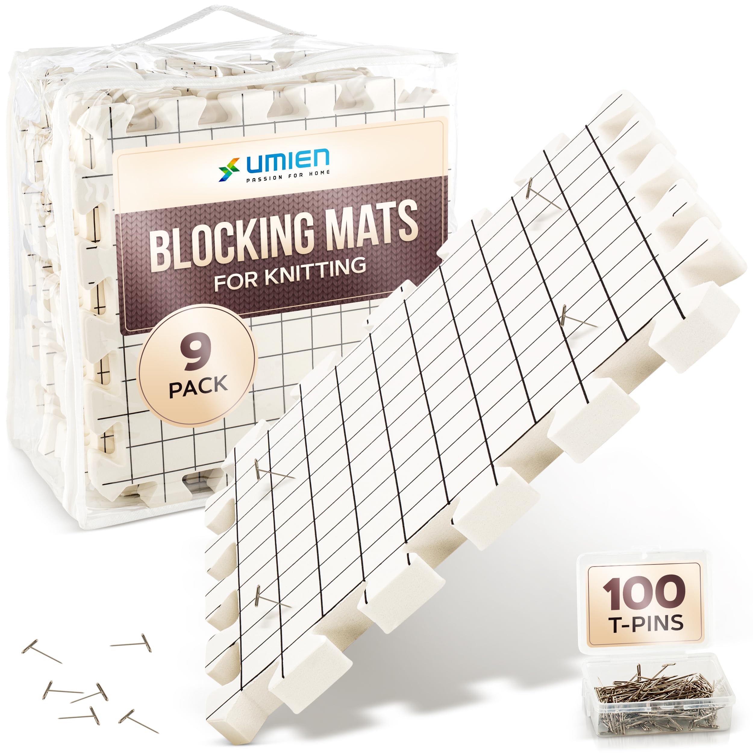 UMIEN™ Extra Thick Knitting Blocking Mats (9-Pack) - Premium Crochet Blocking Boards with Measurement Grids - Includes 100 Rust-Proof T-Pins & Storage Bag - Perfect for Needlepoint, Crochet Projects & Yarn Crafts - Ideal for Blocking Shawls, Sweaters & DIY Knitting Projects
