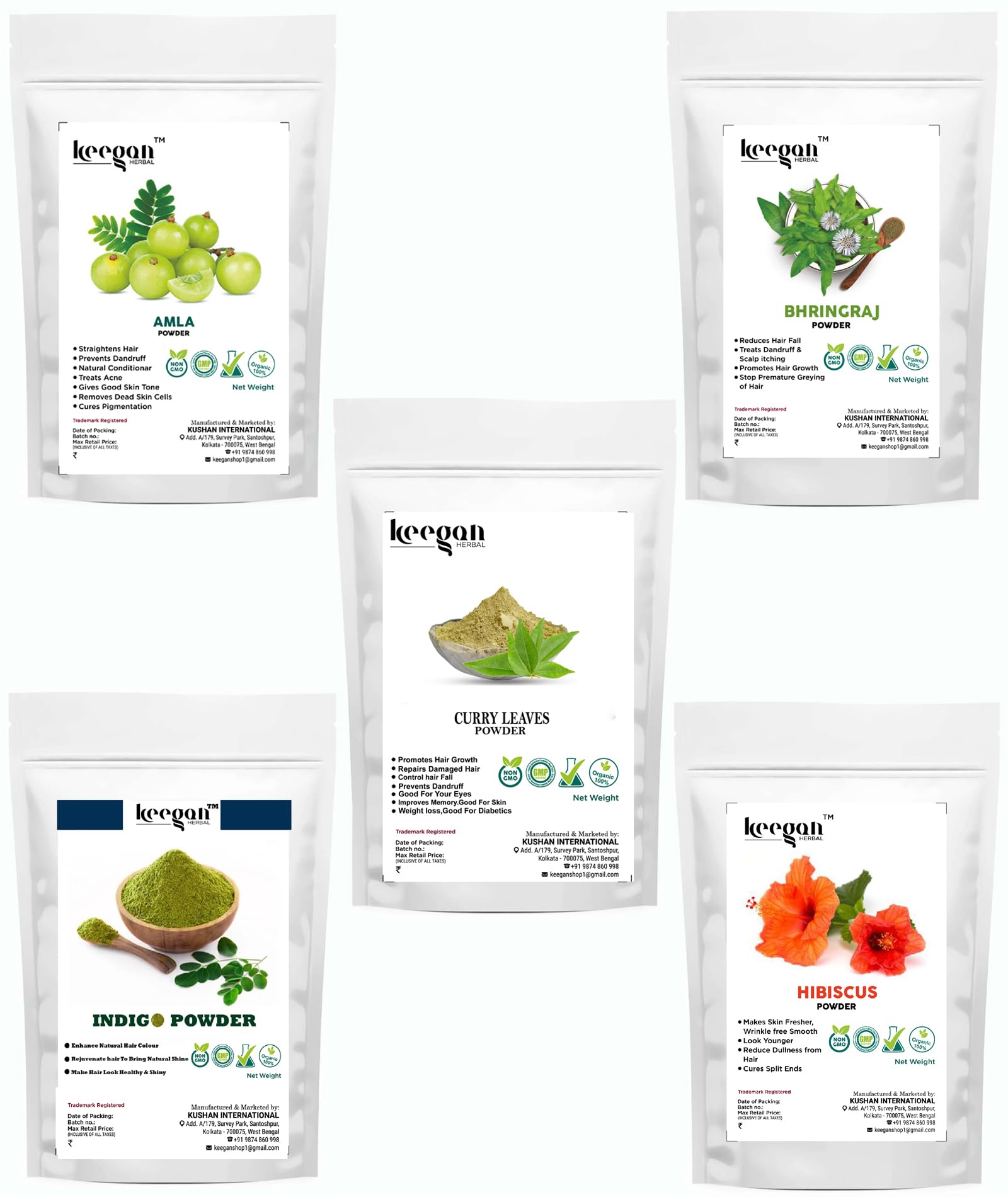 Keegan Herbal Natural & Pure Amla Powder, Bhringraj Powder, Curry Leaves Powder, Indigo Powder, Hibiscus Powder for Hair Growth & Scalp Care | 5-Pack (50g Each) | DIY Hair Masks, Natural Hair Treatment, Ayurvedic Remedies for Healthy Hair