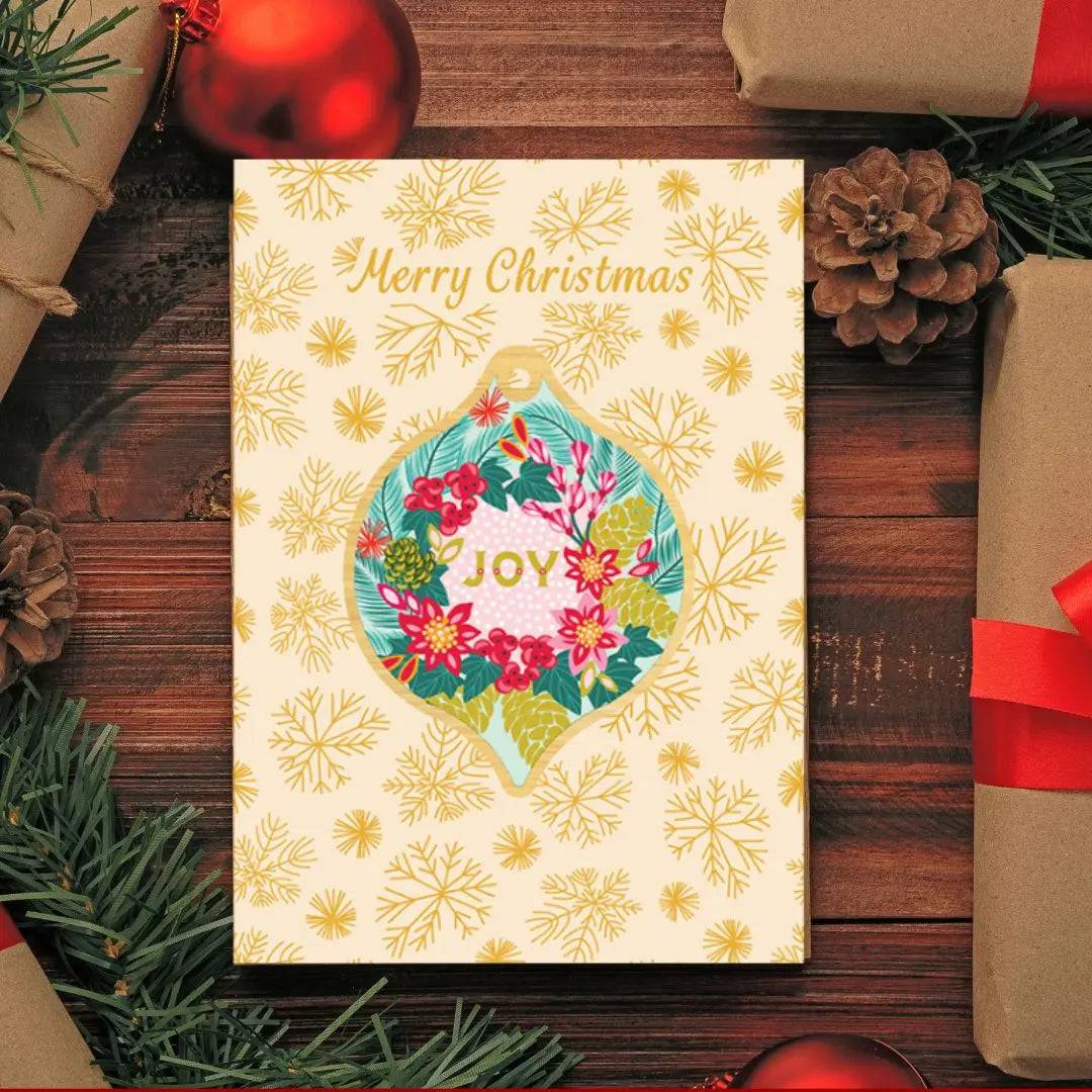 Joy Christmas Card & Wooden Bauble Set - Handmade Holiday Greeting Cards with Wood Ornaments for Xmas Tree Decorations - Perfect for Holiday Gifts, Home Decor and Christmas Party Favors