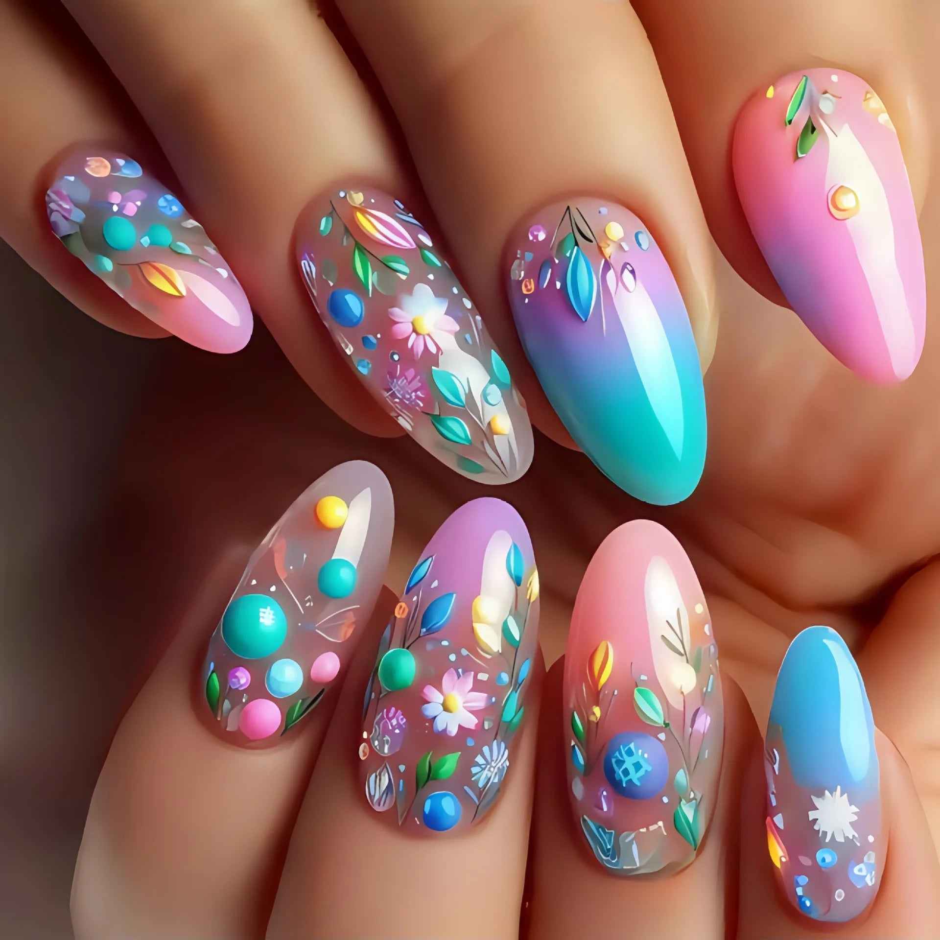 24Pcs Press on Fake Nails with Jelly Glue - Almond Shaped Acrylic Nails with Fresh Flowers French Design for Summer | DIY Manicure at Home, Perfect for Parties, Weddings & Daily Wear