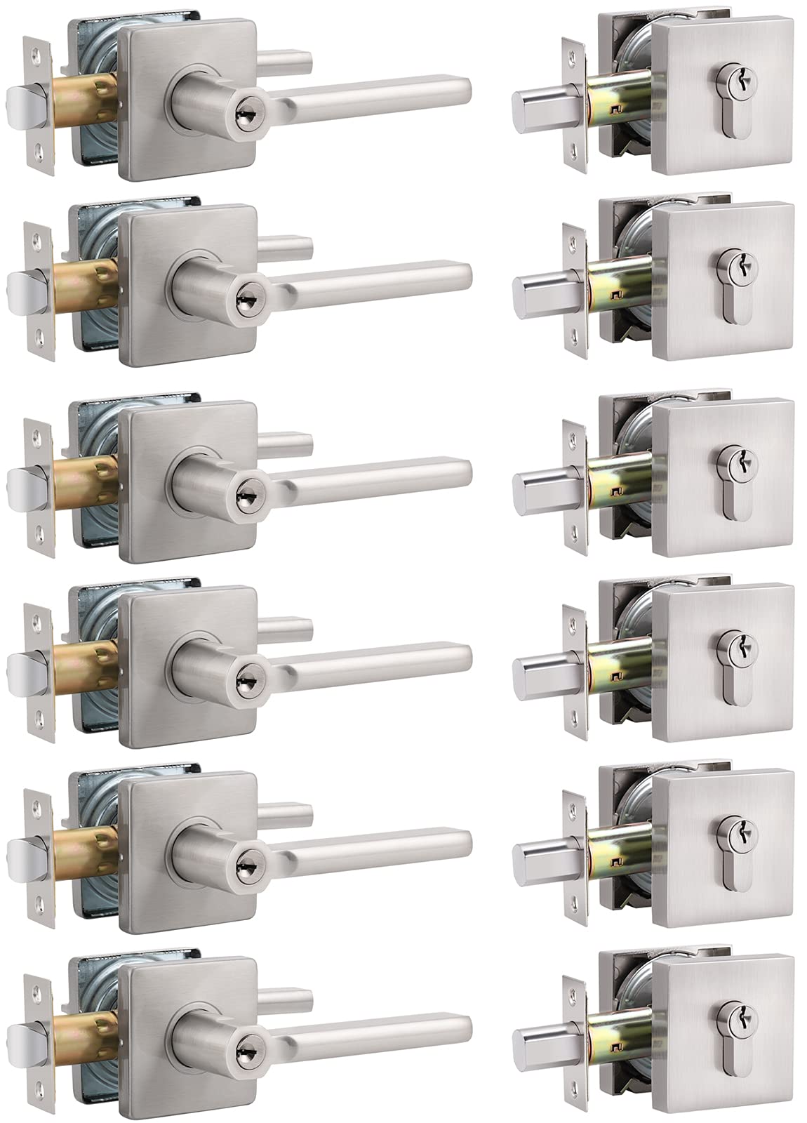 Brotima 6 Pack Satin Nickel Entry Door Lever with Deadbolt - Keyed Alike Exterior Door Lock Set, Single Cylinder Deadbolt, Heavy Duty Door Handle for Front/Back Doors (Right/Left Handed) - Perfect for Homes, Offices, and Apartments Security