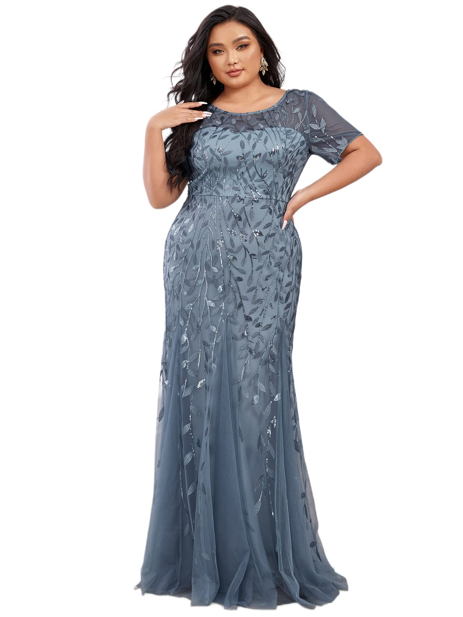 Ever-Pretty Women's Plus Size Embroidery Sequin Short Sleeve Bodycon Maxi Dress for Formal Occasions - Wedding Guest, Prom, Cocktail Party & Evening Events (Style 07707-PZUSA)