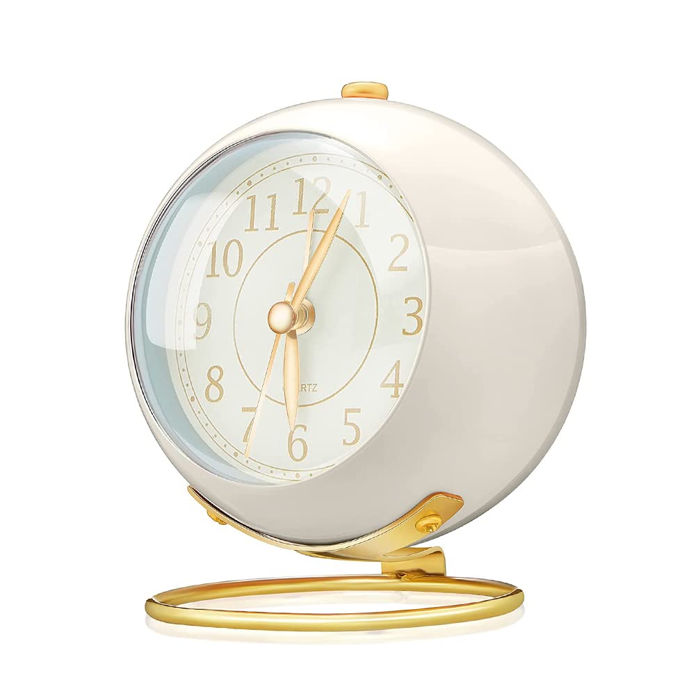 Classic Silent Non-Ticking Desk Clock with Backlight | Battery Operated Small Digital Alarm Clock | Gold Cute Tabletop Clock for Bedroom, Office, Living Room & Kitchen Decor | Perfect for Nightstands, Bookshelves & Workspaces (White)