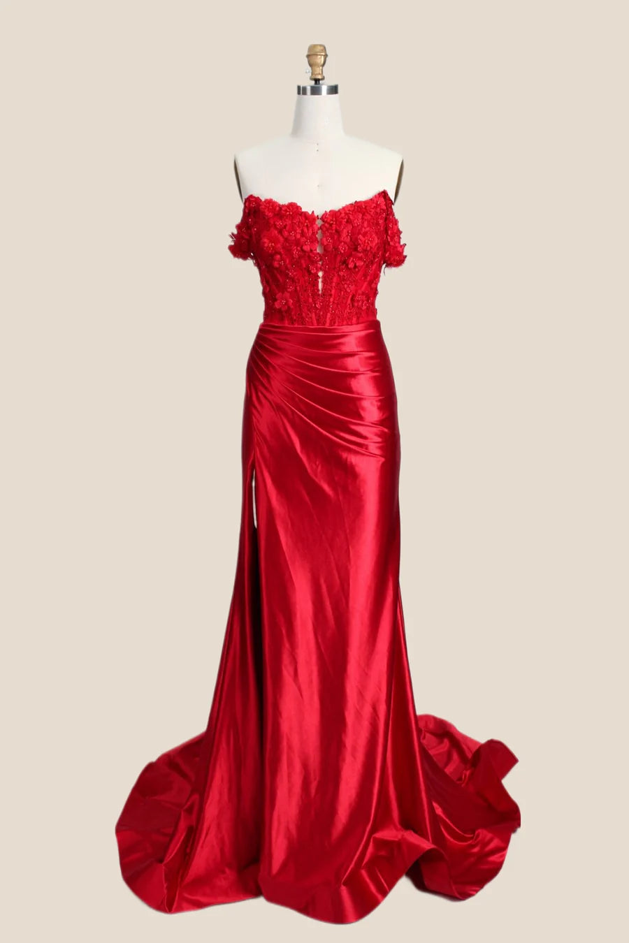 Elegant Red Corset Prom Dress - Satin Off-the-Shoulder Mermaid Gown with Appliques for Homecoming, Evening Party & Special Occasions
